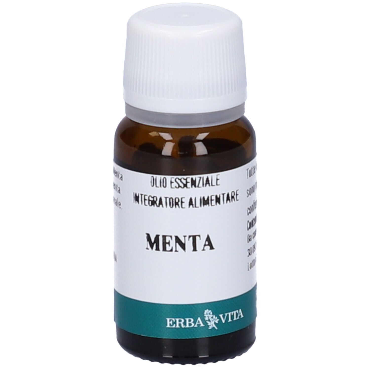 Braune Glasflasche mit weißem Deckel. Aufschrift: Menta, Olio Essenziale, Integratore Alimentare. Marke: Erba Vita.