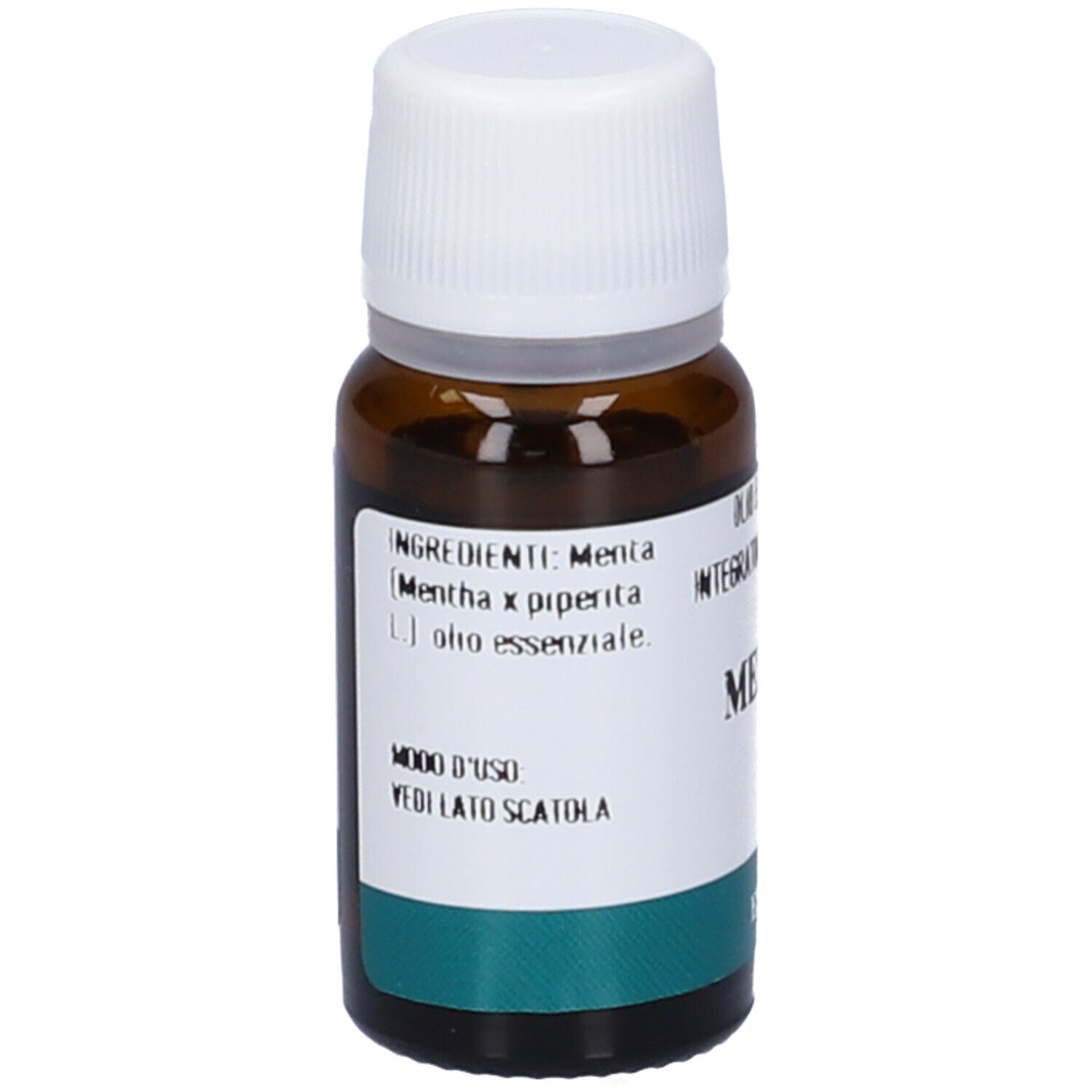 Braune Glasflasche mit weißem Deckel. Aufschrift: Menta, Olio Essenziale, Integratore Alimentare. Marke: Erba Vita.