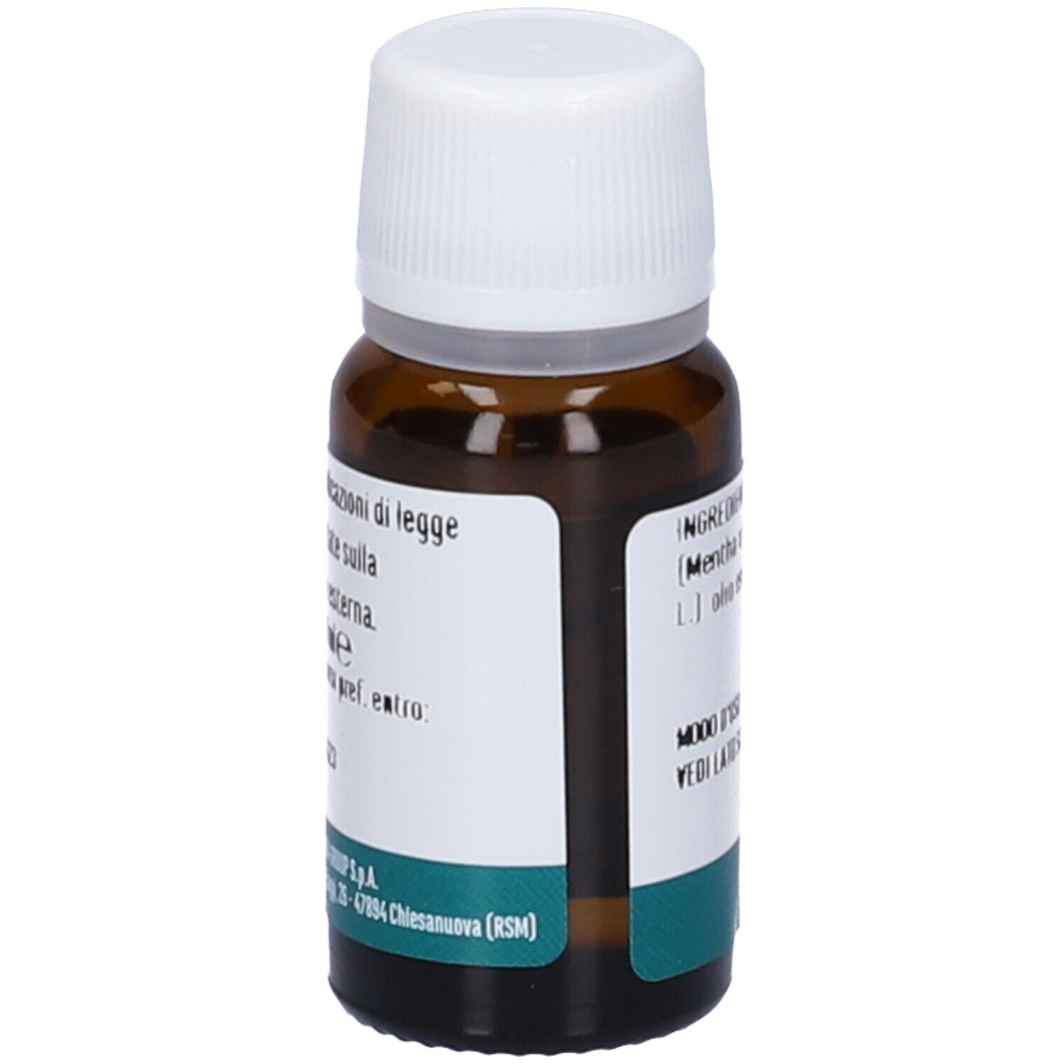 Braune Glasflasche mit weißem Deckel. Aufschrift: Menta, Olio Essenziale, Integratore Alimentare. Marke: Erba Vita.