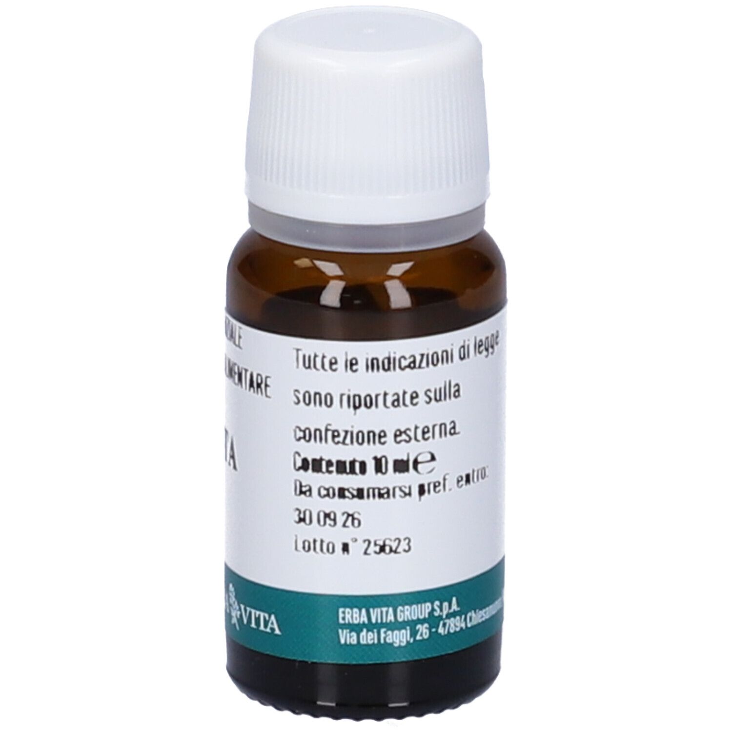 Braune Glasflasche mit weißem Deckel. Aufschrift: Menta, Olio Essenziale, Integratore Alimentare. Marke: Erba Vita.