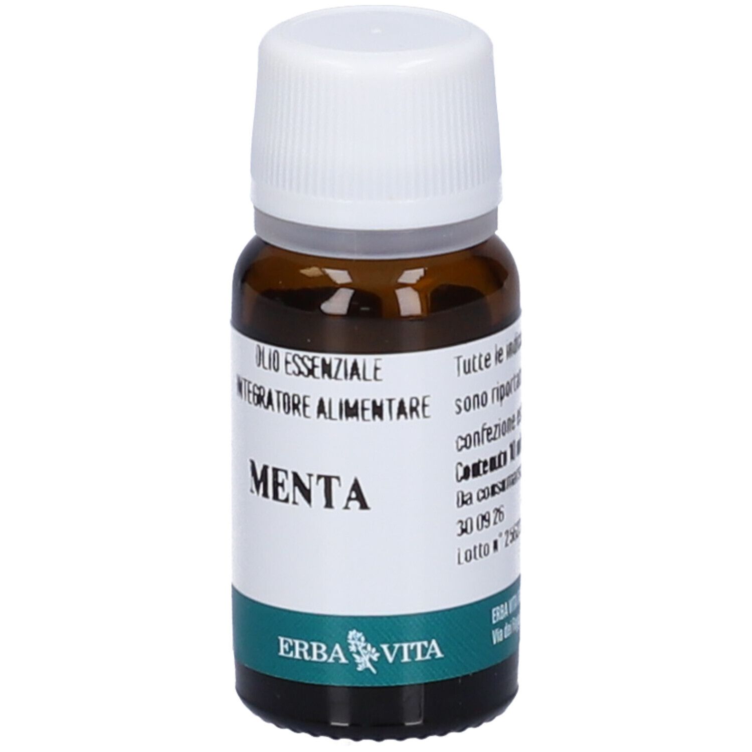 Braune Glasflasche mit weißem Deckel. Aufschrift: Menta, Olio Essenziale, Integratore Alimentare. Marke: Erba Vita.