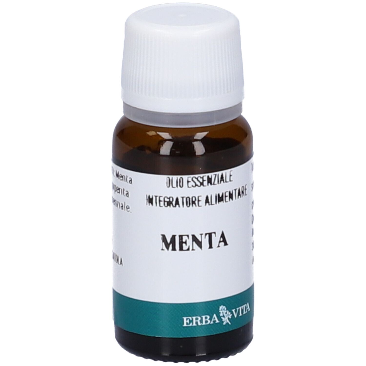 Braune Glasflasche mit weißem Deckel. Aufschrift: Menta, Olio Essenziale, Integratore Alimentare. Marke: Erba Vita.