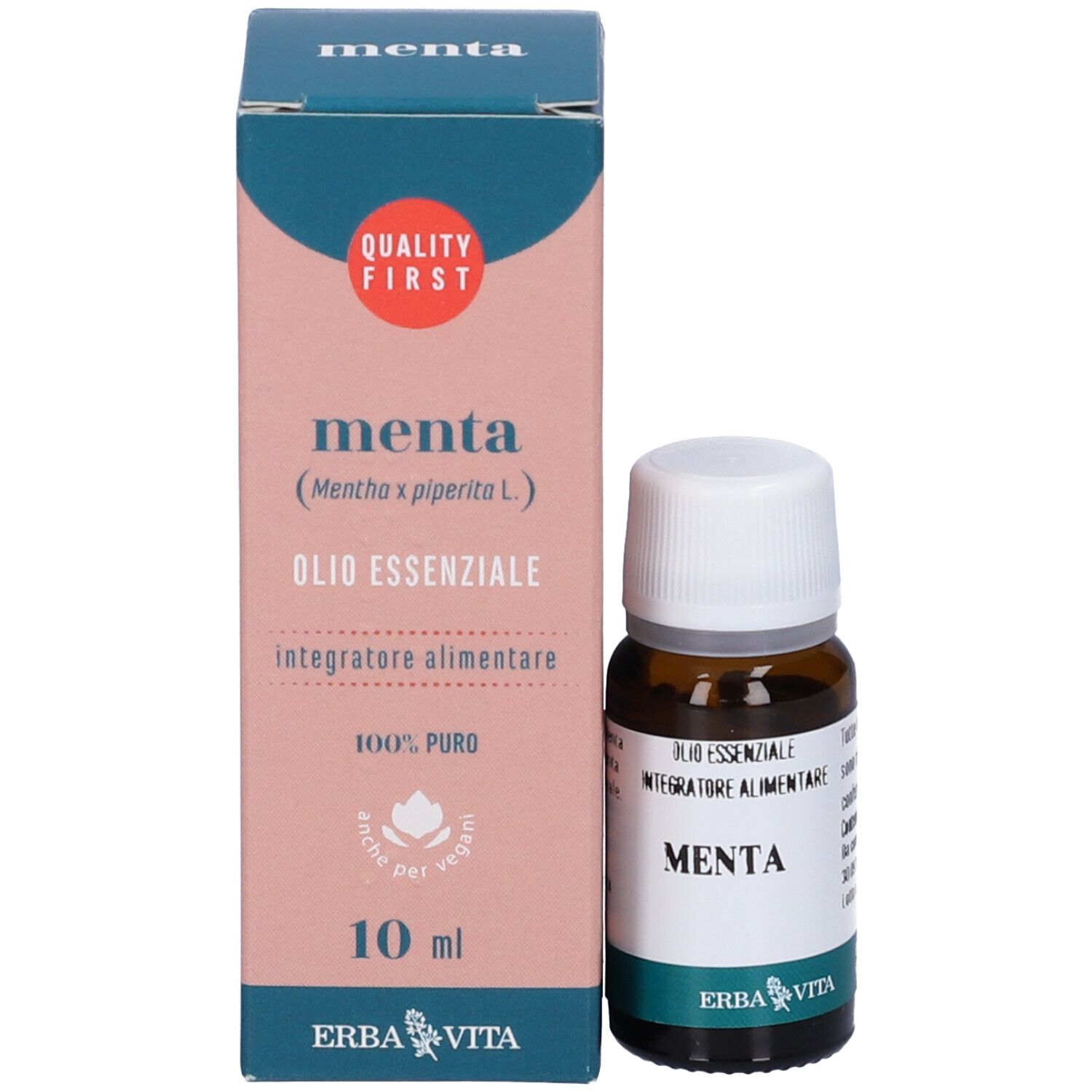 Braune Glasflasche mit weißem Deckel und Karton. Aufschrift: Menta, Olio Essenziale, 10 ml. Marke: Erba Vita.