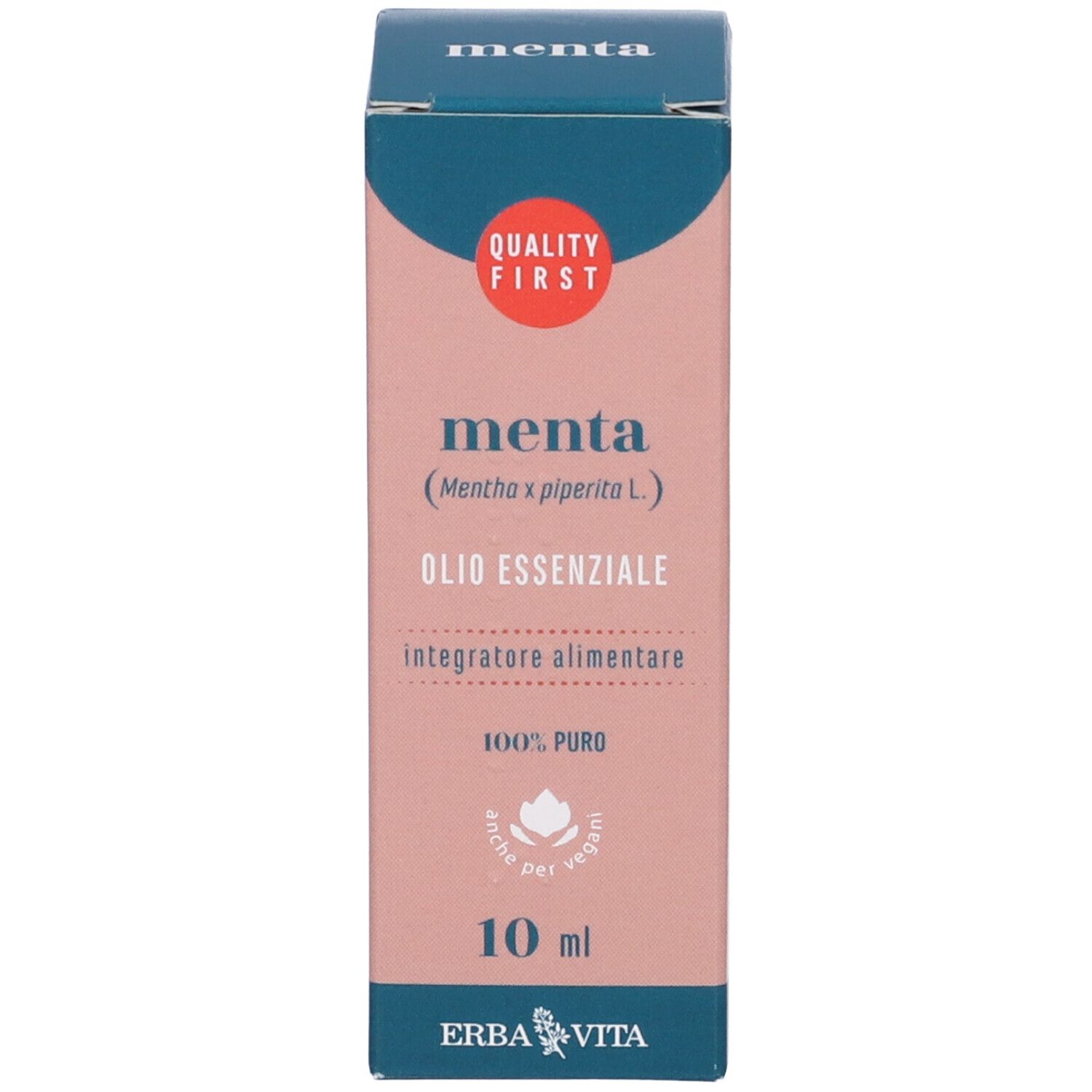 Karton mit Aufschrift: Menta, Olio Essenziale, 10 ml. Marke: Erba Vita. Mit Qualitätszeichen.