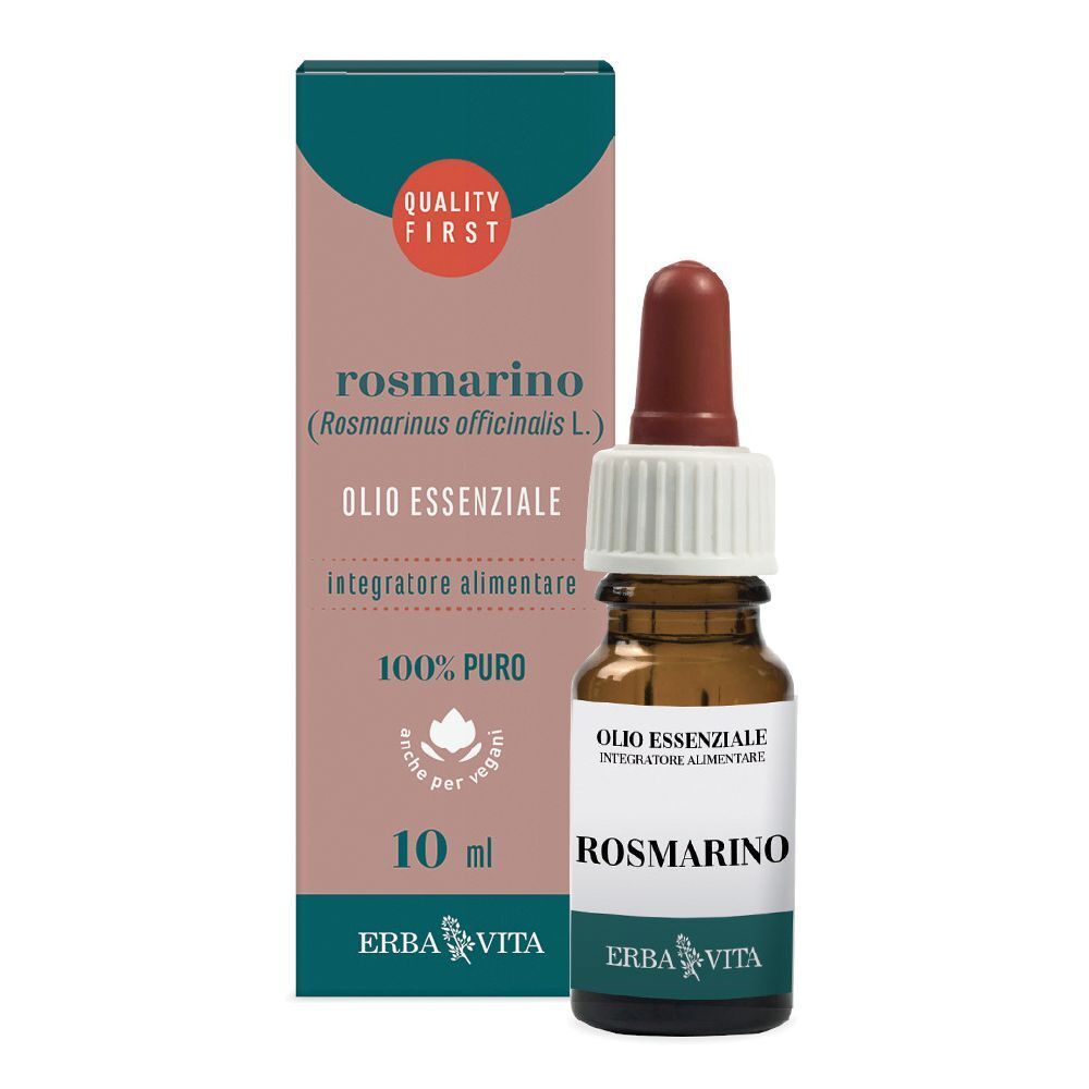 Braune Glasflasche mit Tropfer und Verpackung. Aufschrift: Rosmarino, Olio Essenziale, 10 ml. Marke: Erba Vita.