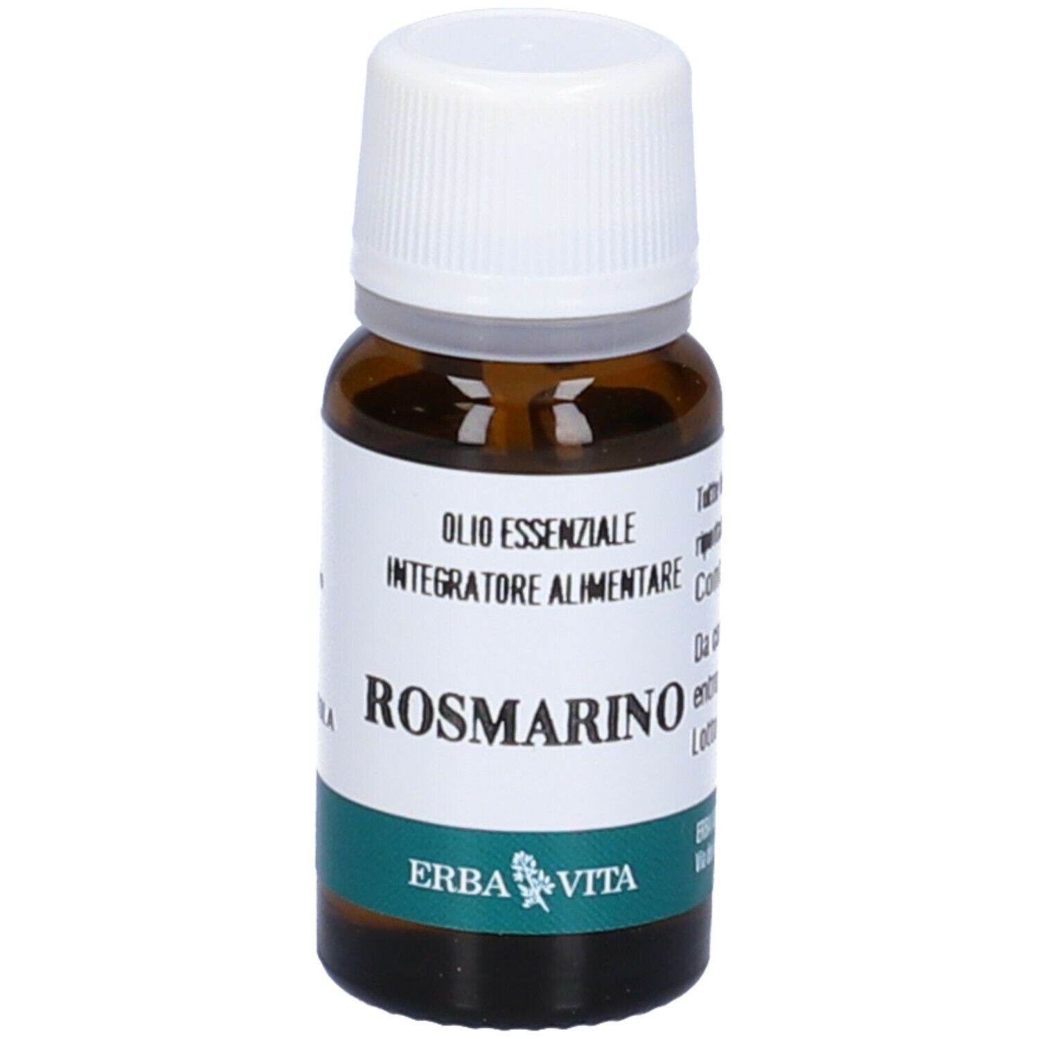 Braune Glasflasche mit weißem Deckel. Aufschrift: Rosmarino, Olio Essenziale, Integratore Alimentare. Marke: Erba Vita.