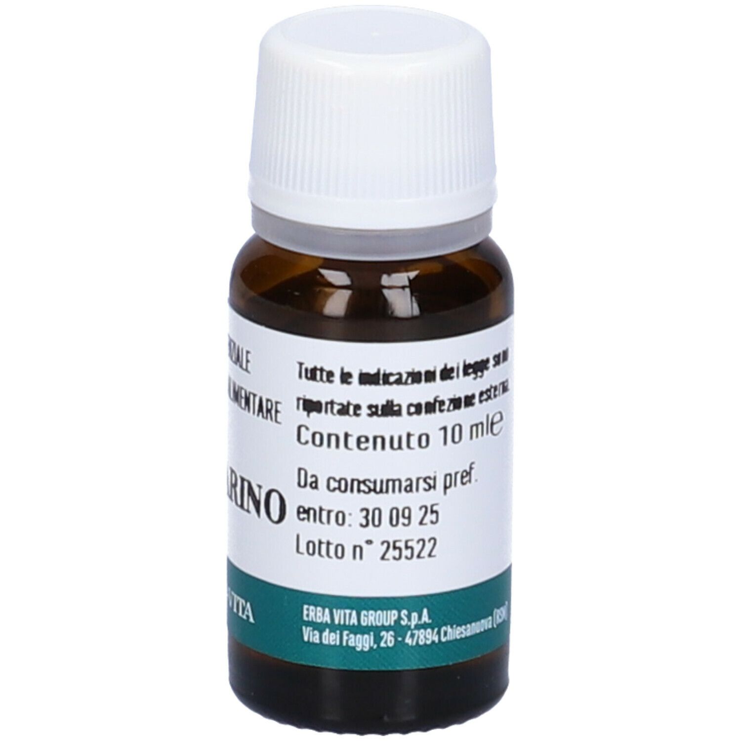 Braune Glasflasche mit weißem Deckel. Aufschrift: Inhalt 10 ml. Verfallsdatum. Losnummer. Marke: Erba Vita.