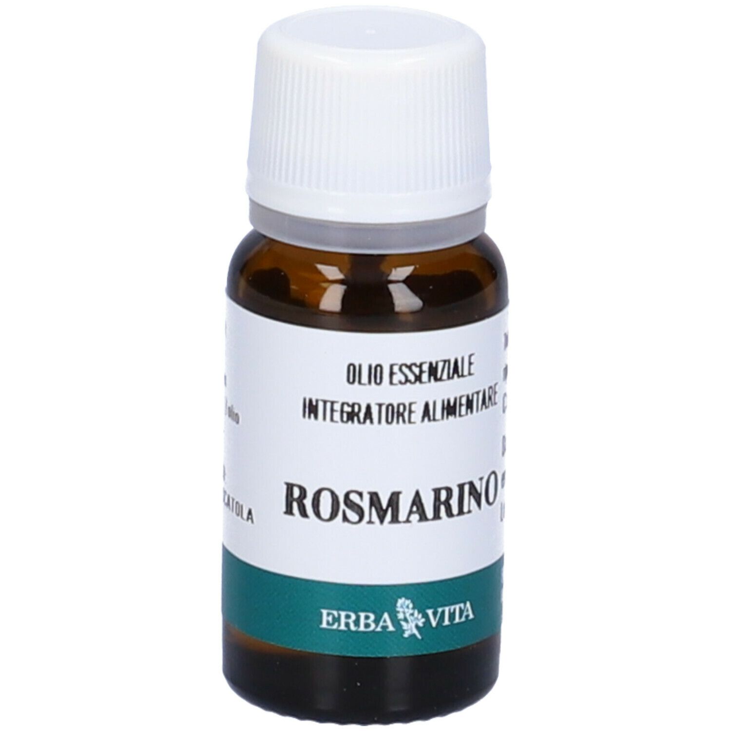 Braune Glasflasche mit weißem Deckel. Aufschrift: Olio Essenziale, Integratore Alimentare, Rosmarino. Marke: Erba Vita.