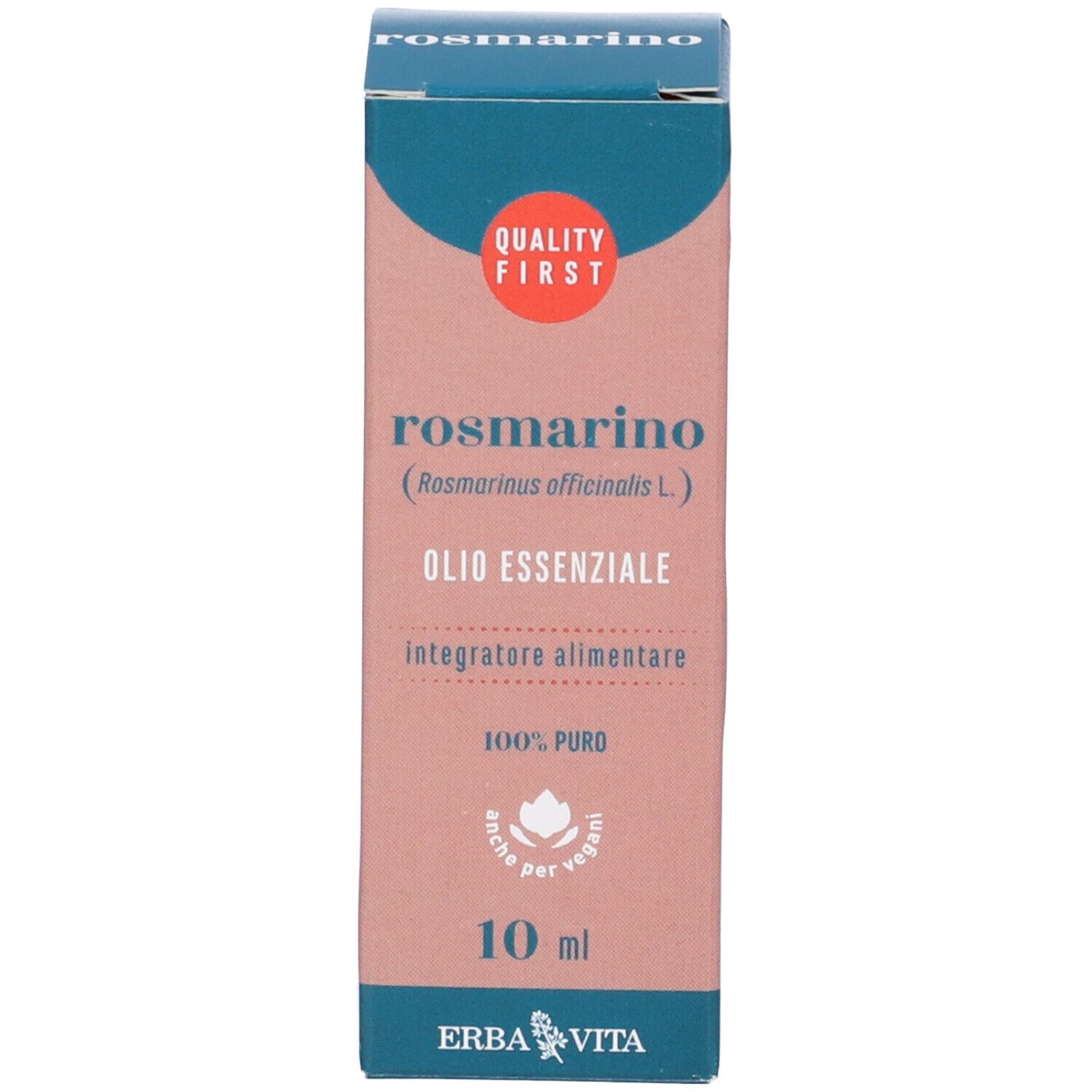Verpackung mit Aufschrift: Rosmarino, Olio Essenziale, 10 ml. Marke: Erba Vita. Logo: Quality First.