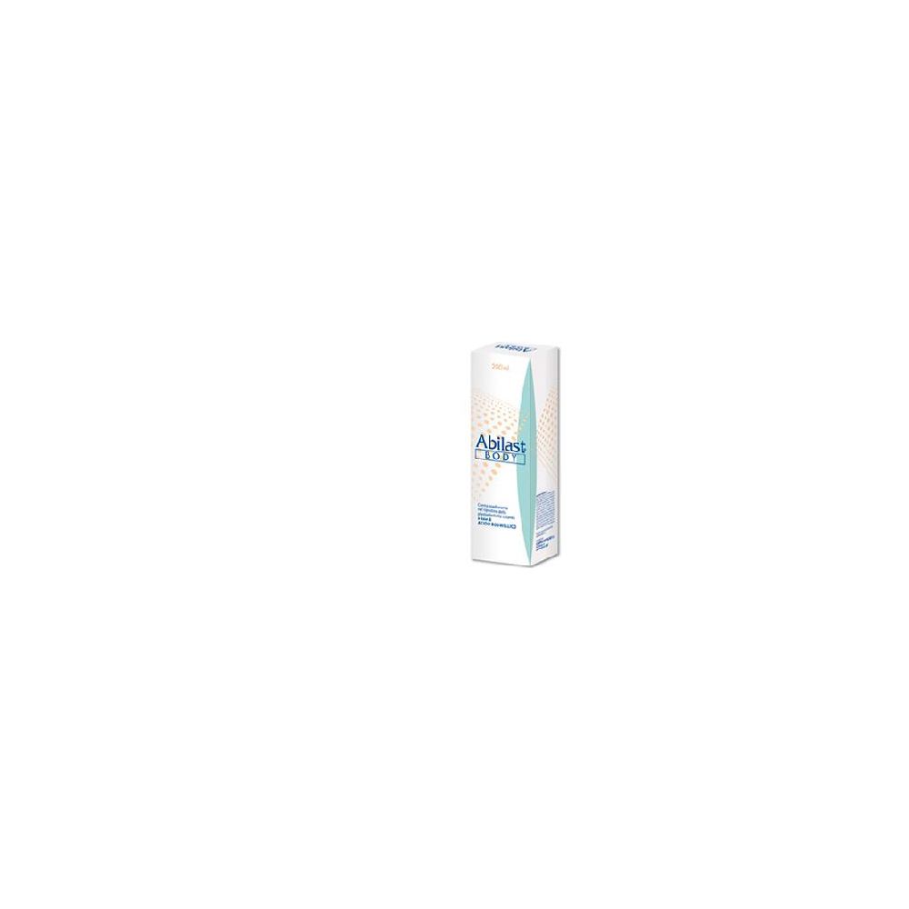 Emballage blanc avec nom et logo du produit. Impression avec nom du produit et ingrédients. Inscription : Abilast Body Crema Smagliature.