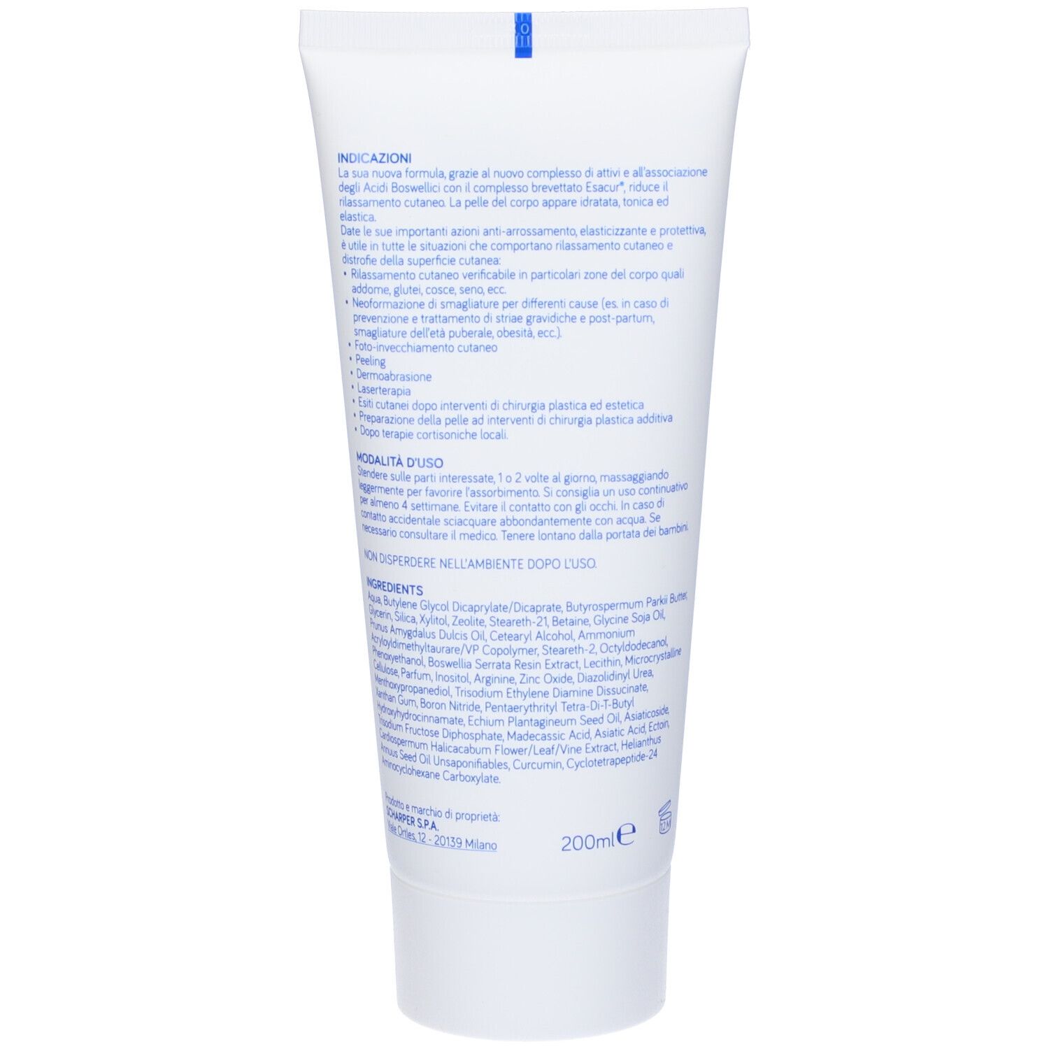 Dos du tube blanc avec informations sur le produit et ingrédients. Texte en italien. Inscription : 200ml.