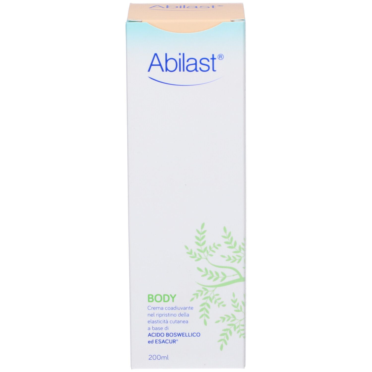 Boîte avec nom et logo du produit. Inscription : Abilast Body Crema Smagliature. Un motif de feuilles vertes est représenté sur la boîte.