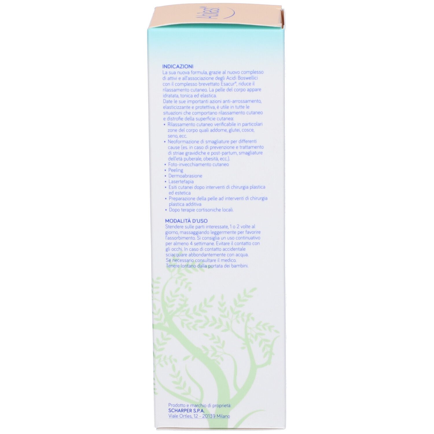 Dos de la boîte avec informations sur le produit. Texte en italien. Inscription : Abilast Body Crema Smagliature.