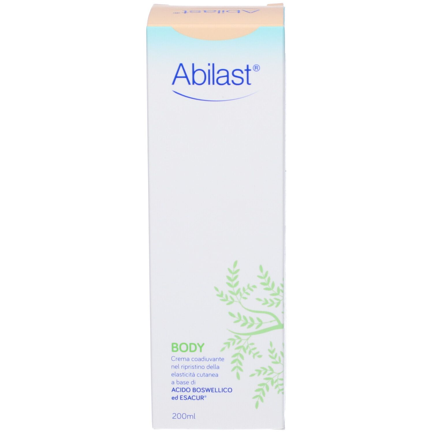 Boîte avec nom et logo du produit. Inscription : Abilast Body Crema Smagliature. Un motif de feuilles vertes est représenté sur la boîte.