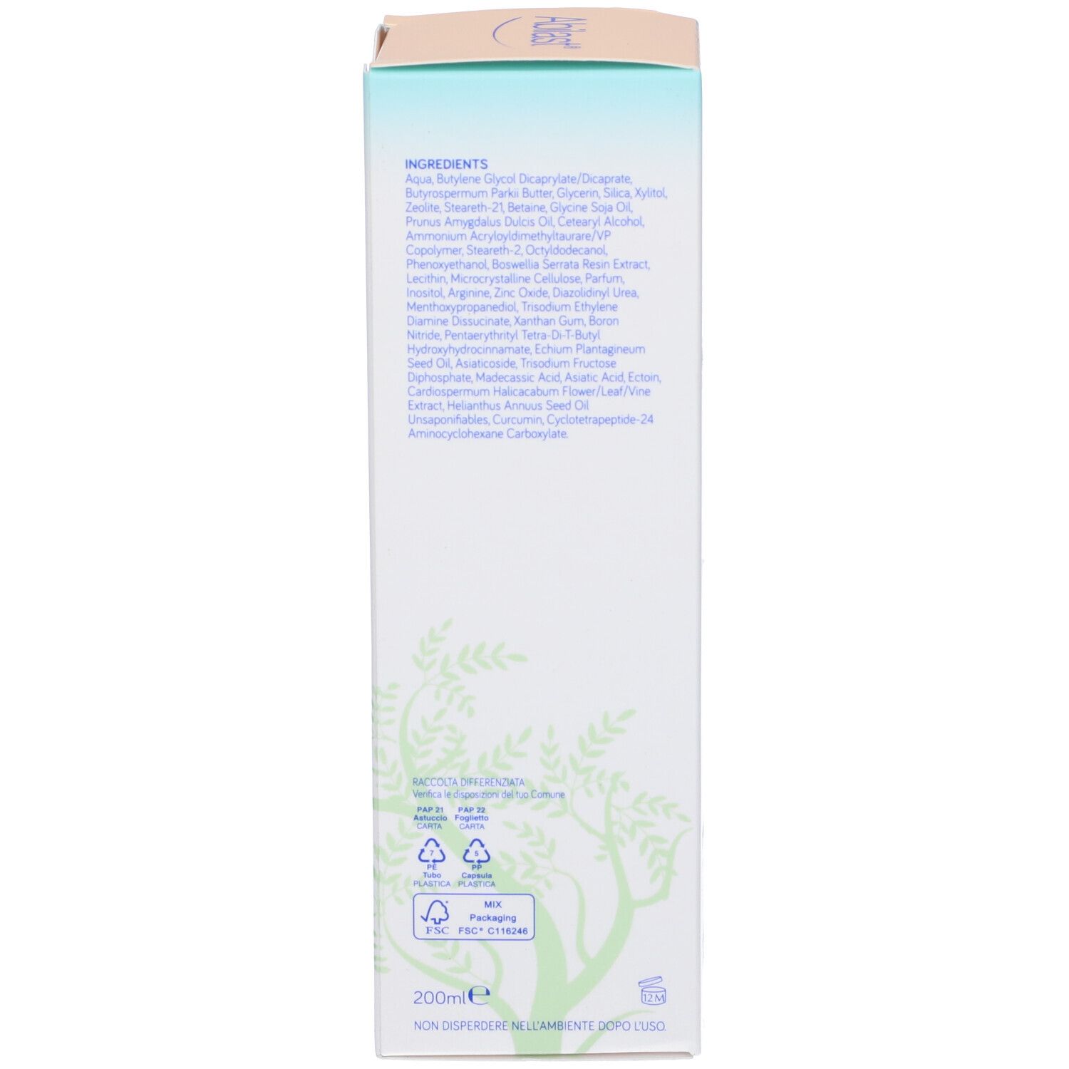 Dos de la boîte avec ingrédients et symboles de recyclage. Texte en italien. Inscription : 200ml.