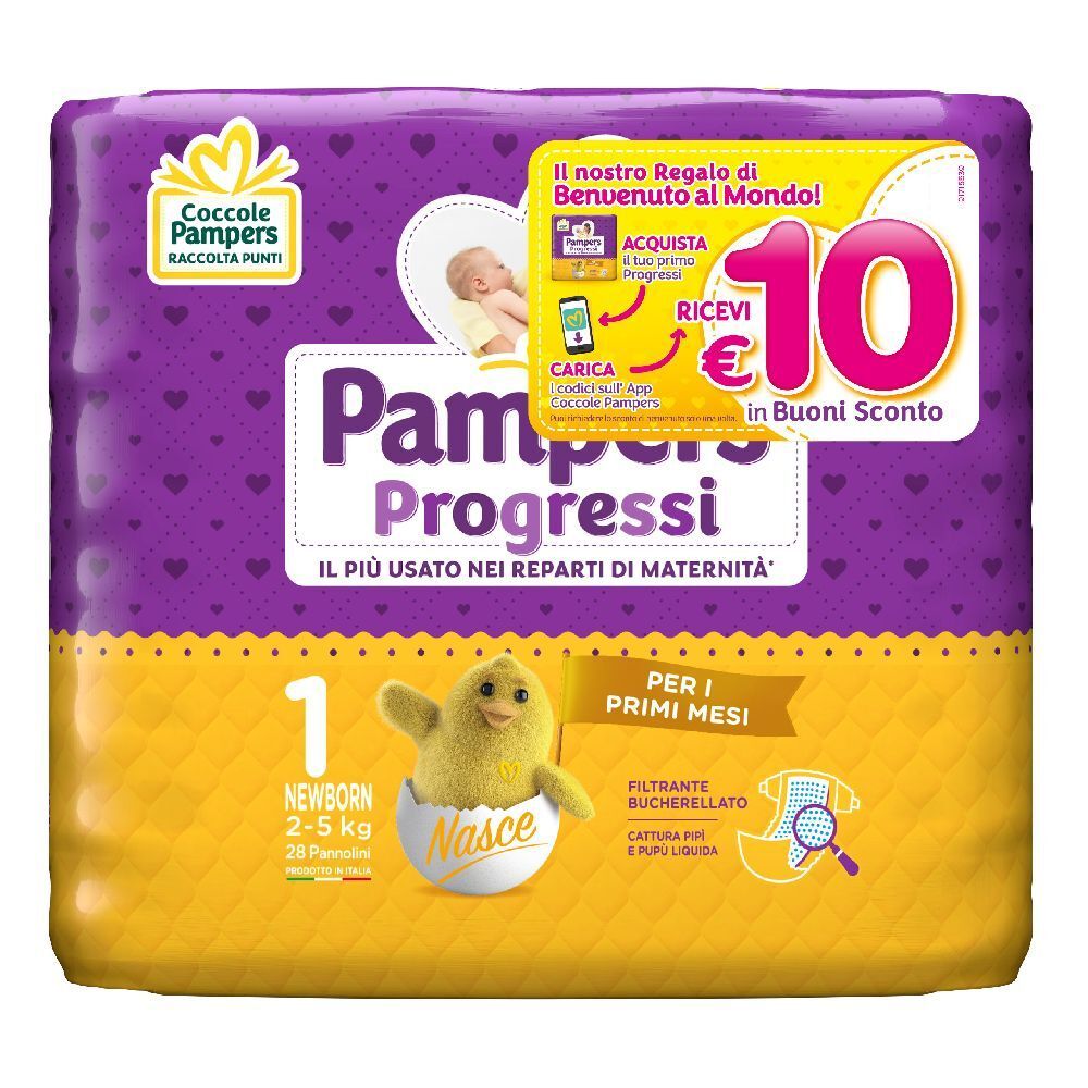 Pampers Progressi Newborn Windeln, Packung mit 1, 2-5 kg. Gelbe und violette Verpackung mit Baby-Illustrationen und Rabatt-Hinweis.