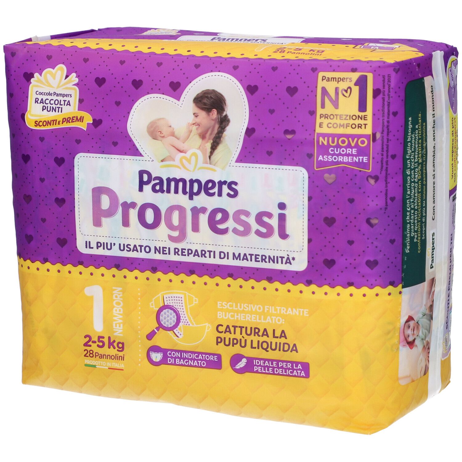 Pampers Progressi Windeln, Packung mit 1, 2-5 kg. Gelbe und violette Verpackung mit Baby-Illustrationen und Produktmerkmalen.