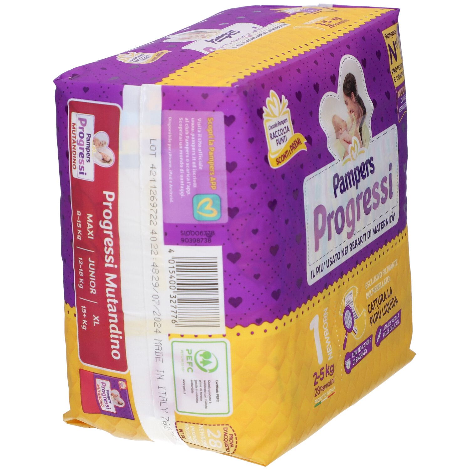 Pampers Progressi Mutandino Windeln, Packung. Gelbe und violette Verpackung mit Produktinformationen und Größenangaben.