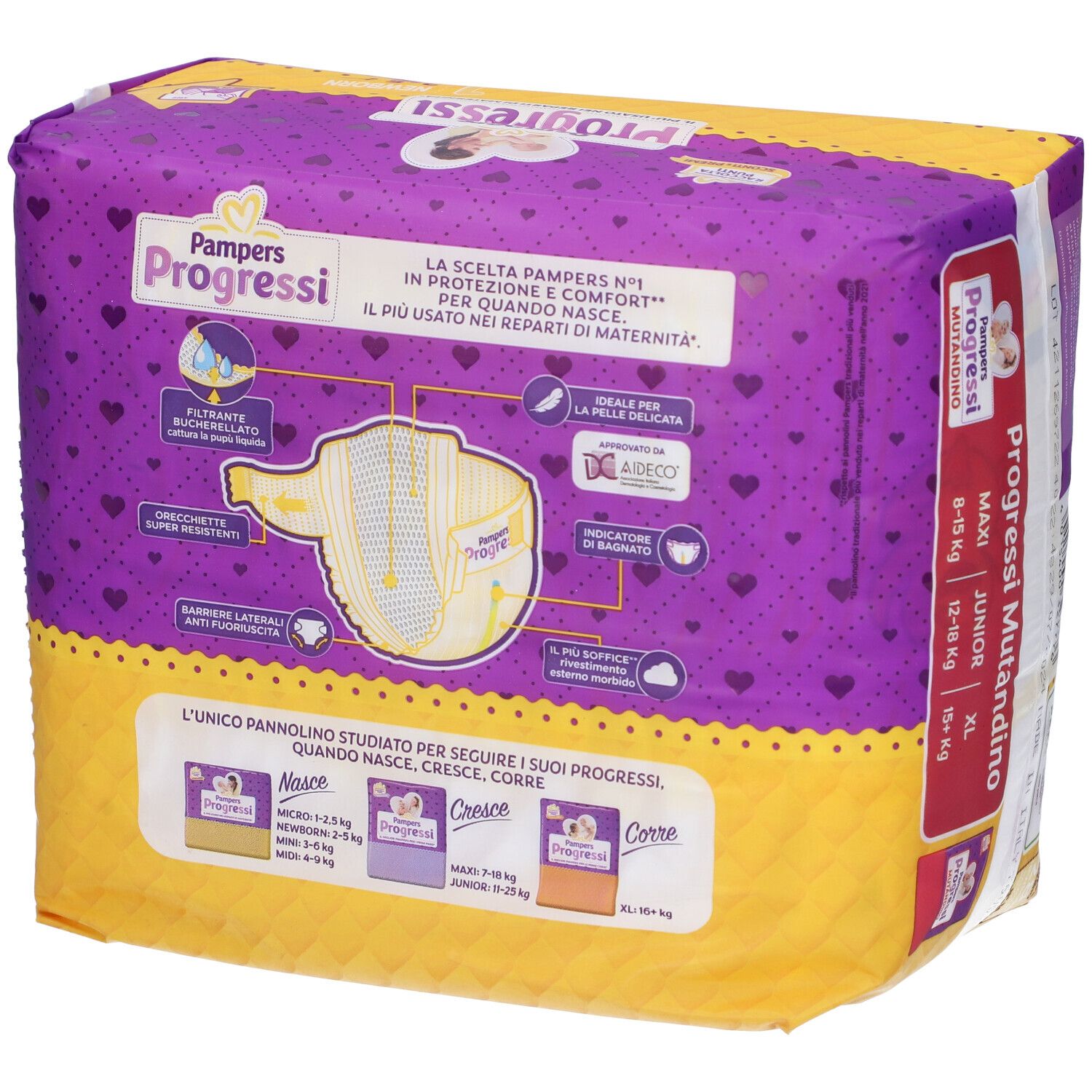 Pampers Progressi Mutandino Windeln, Packung. Rückseite mit Produktmerkmalen, Größenangaben und Zertifizierungen.