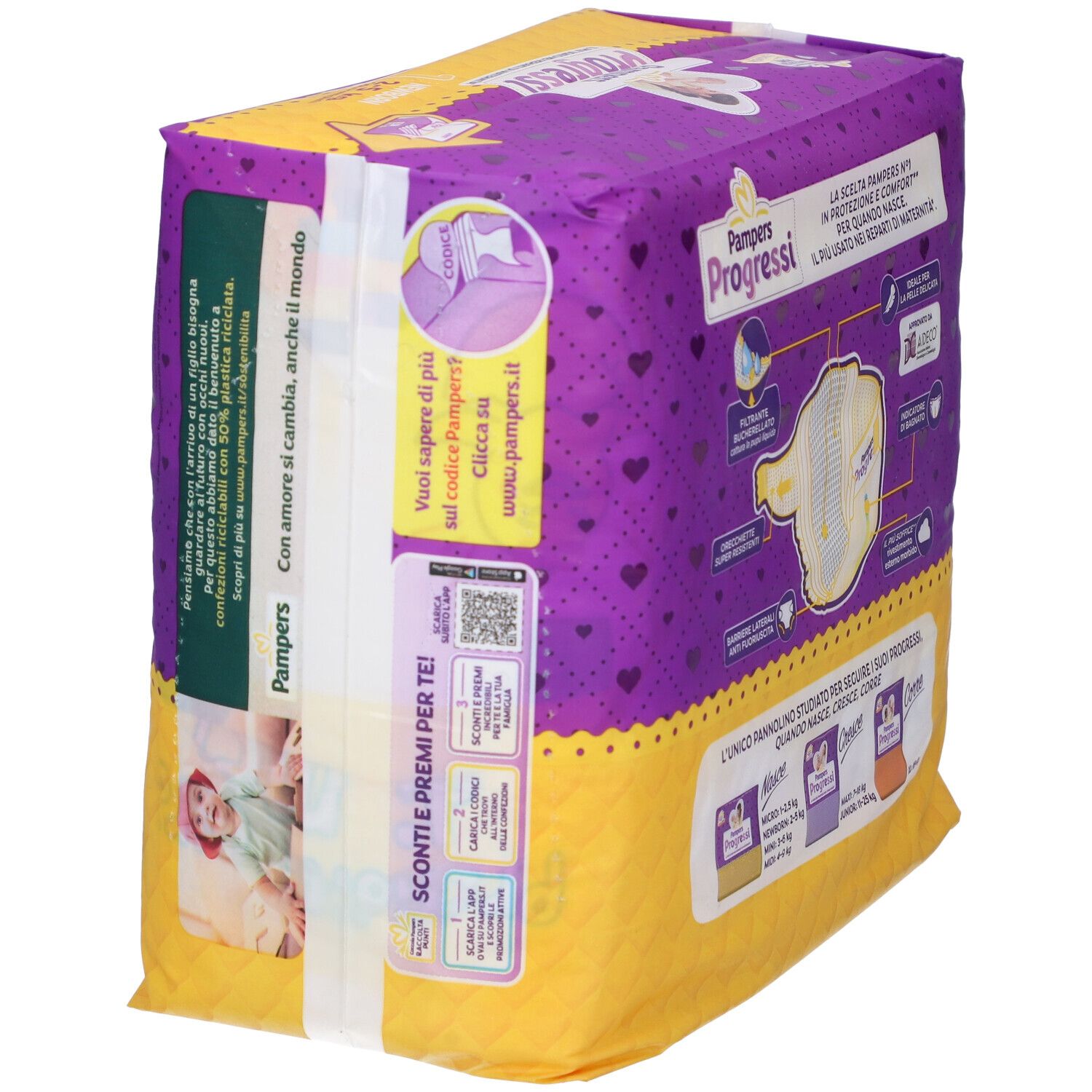 Pampers Progressi Windeln, Packung. Seitenansicht mit Produktinformationen, QR-Code und Rabatt-Hinweisen.