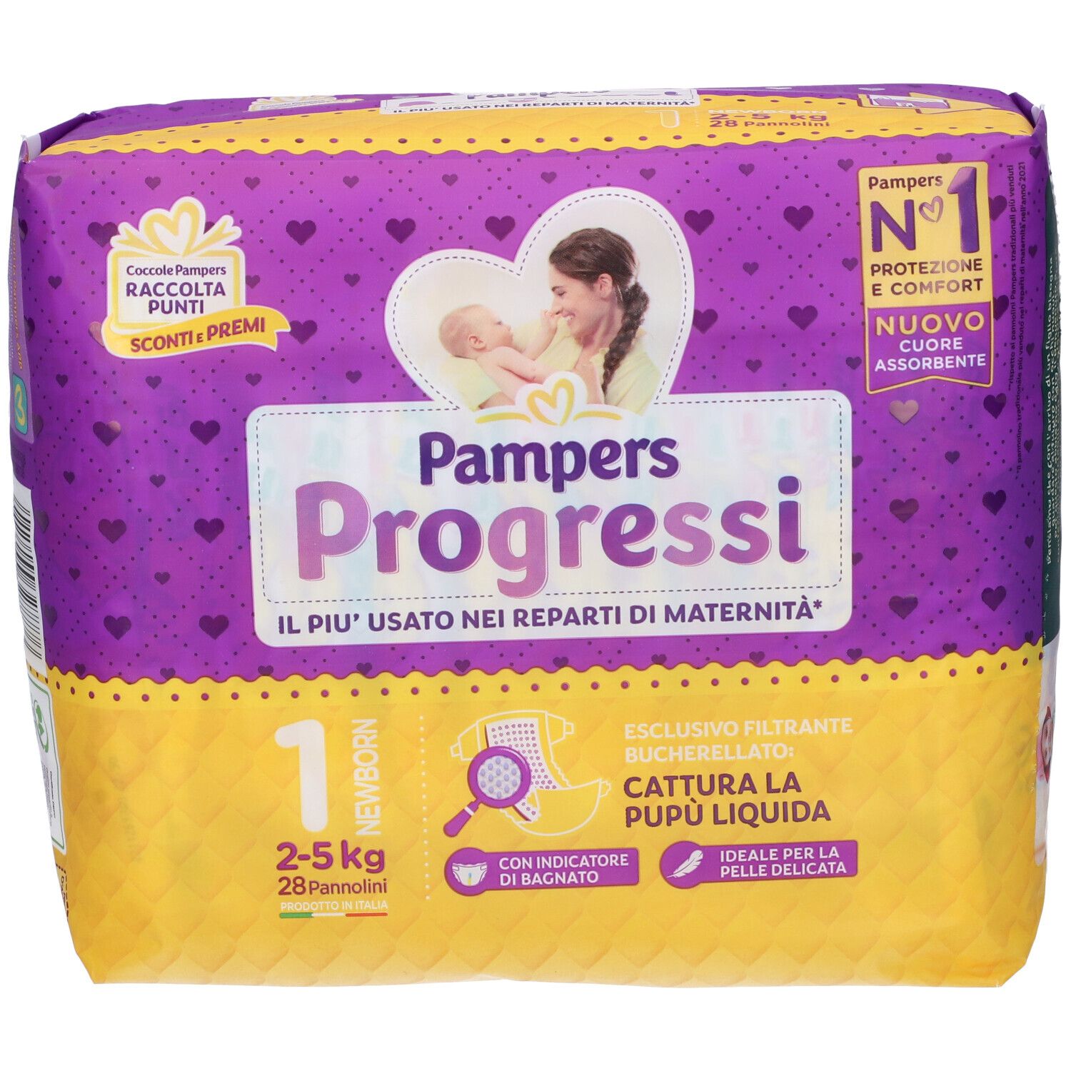 Pampers Progressi Windeln, Packung mit 1, 2-5 kg. Gelbe und violette Verpackung mit Baby-Illustrationen und Produktmerkmalen.