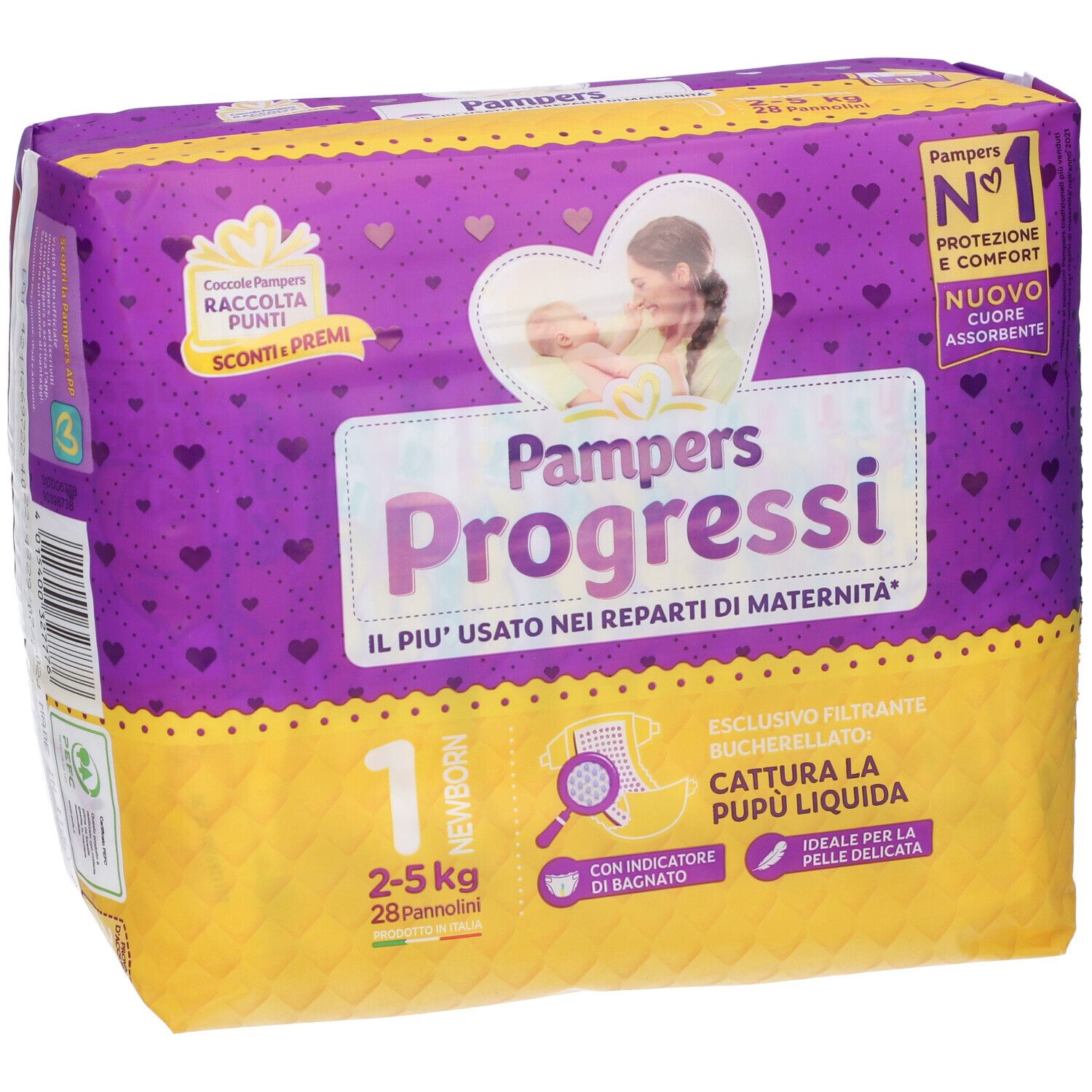 Pampers Progressi Windeln, Packung mit 1, 2-5 kg. Gelbe und violette Verpackung mit Baby-Illustrationen und Produktmerkmalen.