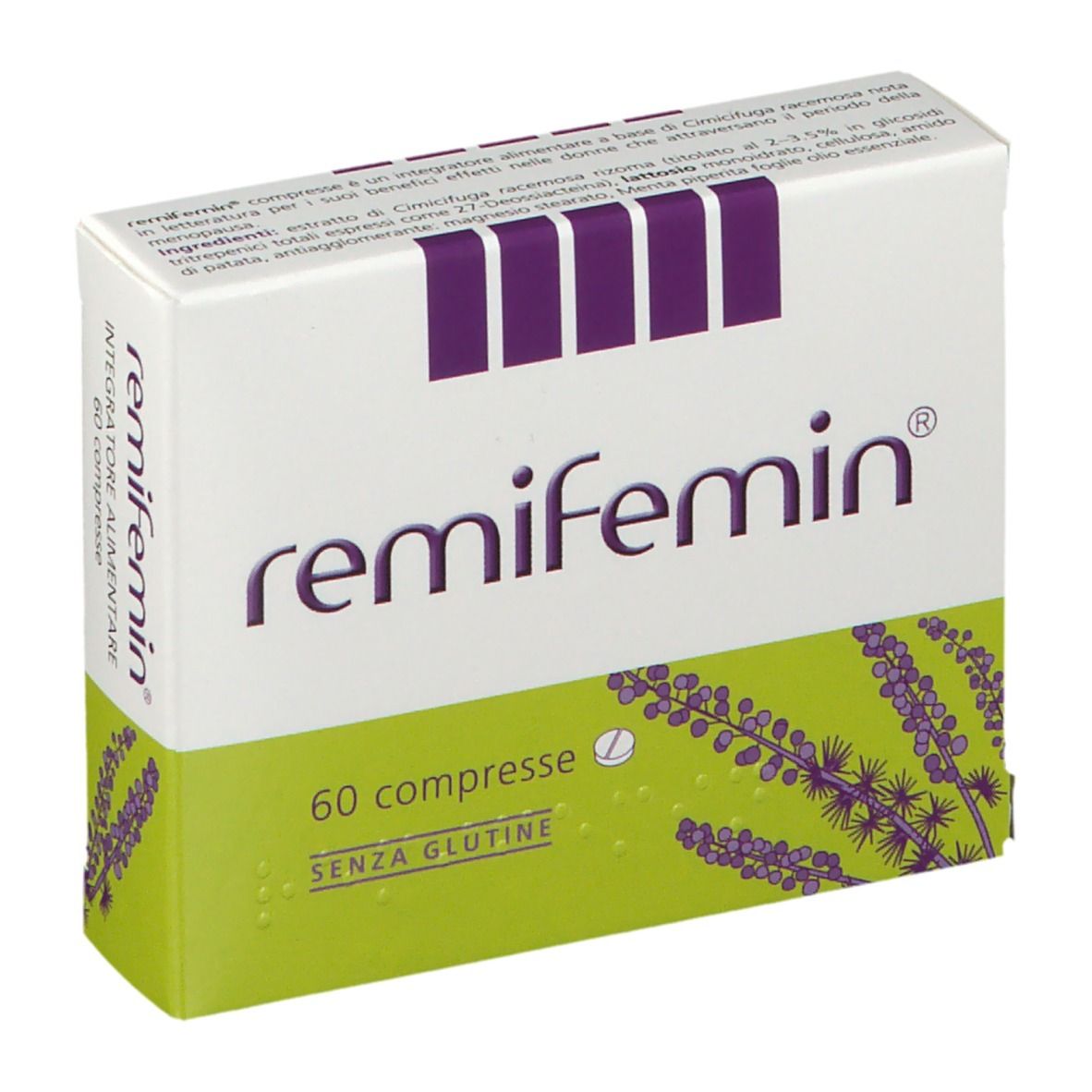 Boîte "remifemin", 60 comprimés, sans gluten. Couleurs violet et vert, illustration de lavande.