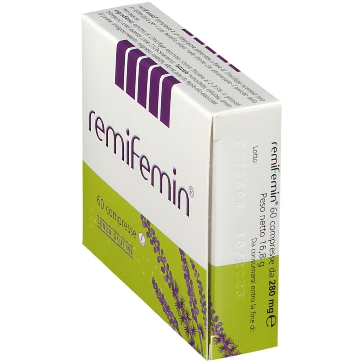 Boîte "remifemin", 60 comprimés. Vue latérale, logo violet, couleurs vertes et blanches. Texte et lavande.