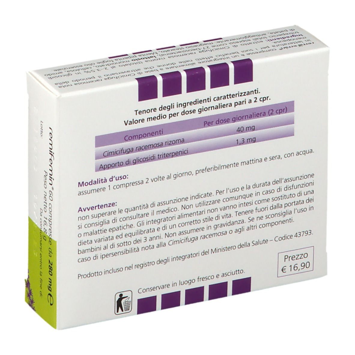Dos de la boîte "remifemin". Texte avec ingrédients, dosage et avertissements. Couleurs violet et vert.