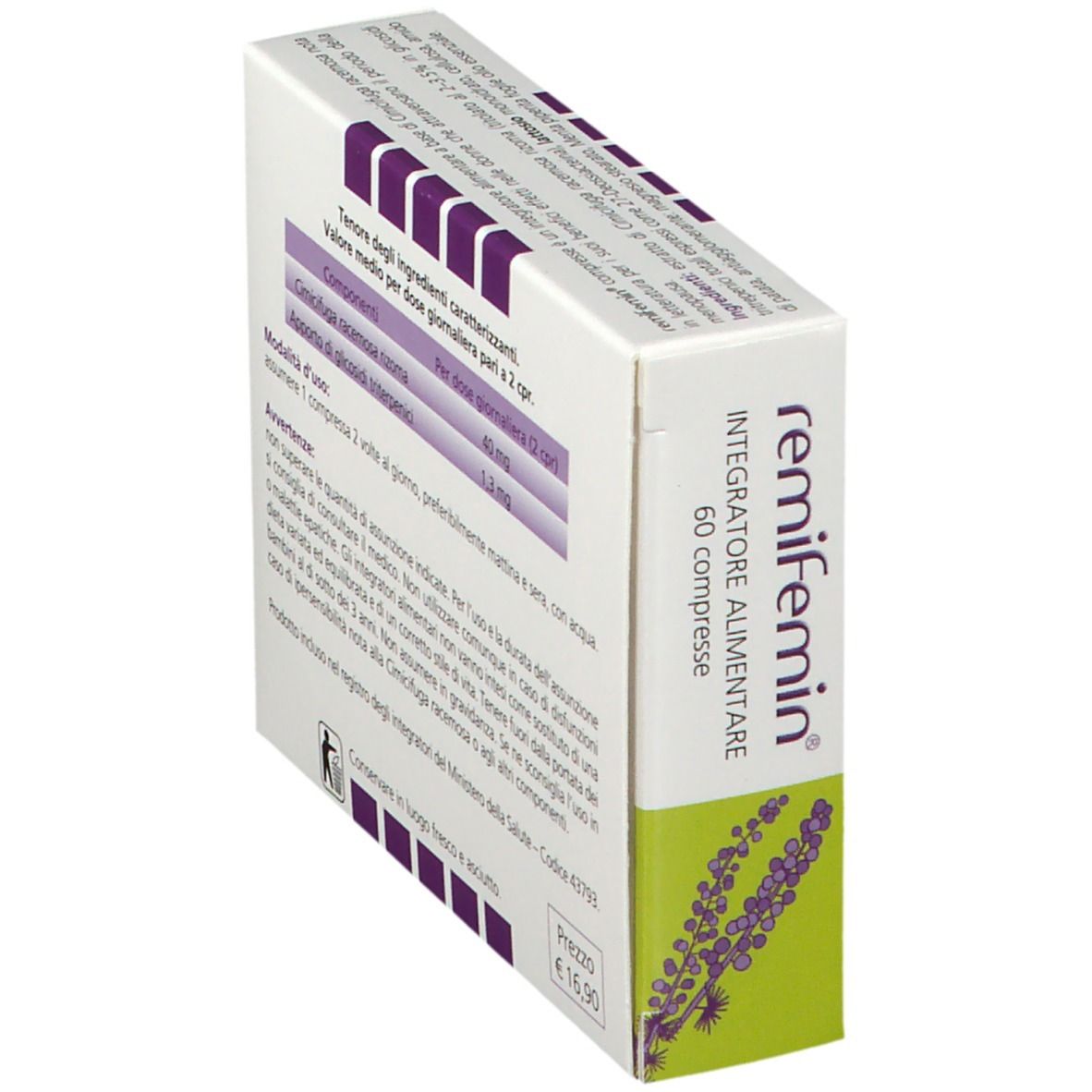 Boîte "remifemin", vue latérale. Texte avec ingrédients et dosage. Logo violet, couleurs vertes et blanches.