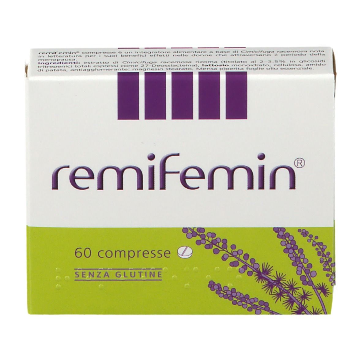 Boîte "remifemin", 60 comprimés, sans gluten. Logo violet, couleurs vertes et blanches. Illustration de lavande.