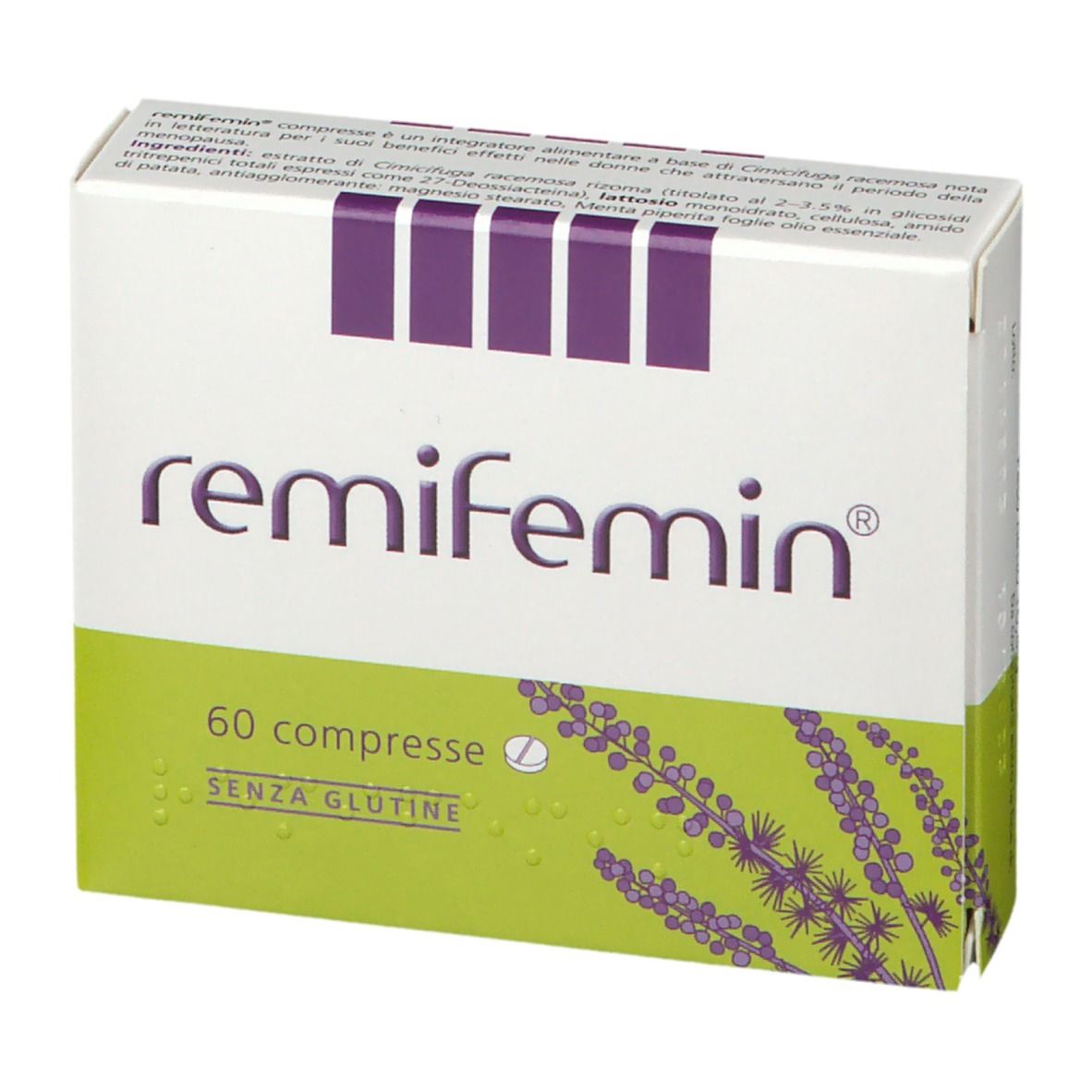 Boîte "remifemin", 60 comprimés, sans gluten. Logo violet, couleurs vertes et blanches. Illustration de lavande.