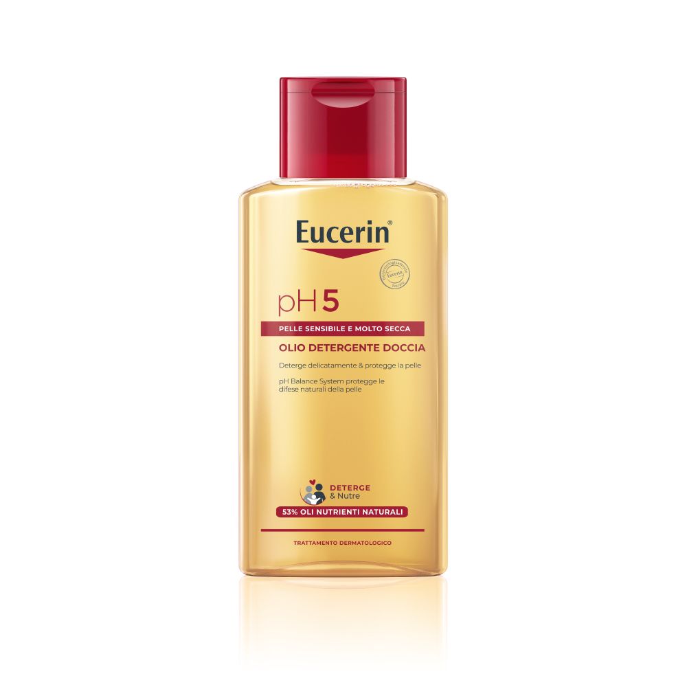 Flacon d'huile de douche Eucerin pH5. Liquide jaune, bouchon rouge. Inscription : pH5, OLI DETERGENTE DOCCIA.