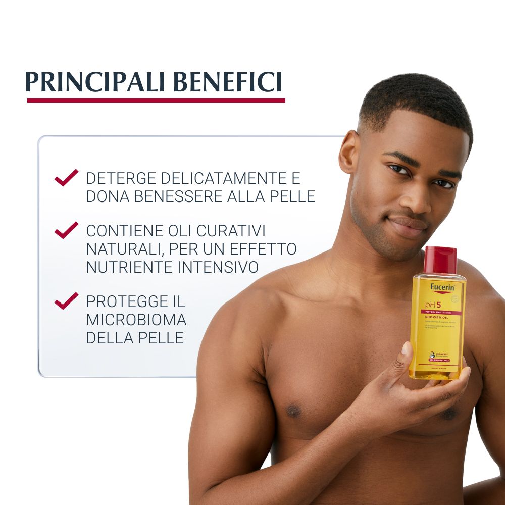 Homme tenant un flacon d'huile de douche Eucerin pH5. Texte : Nettoie en douceur, bien-être, huiles naturelles, protège le microbiome.