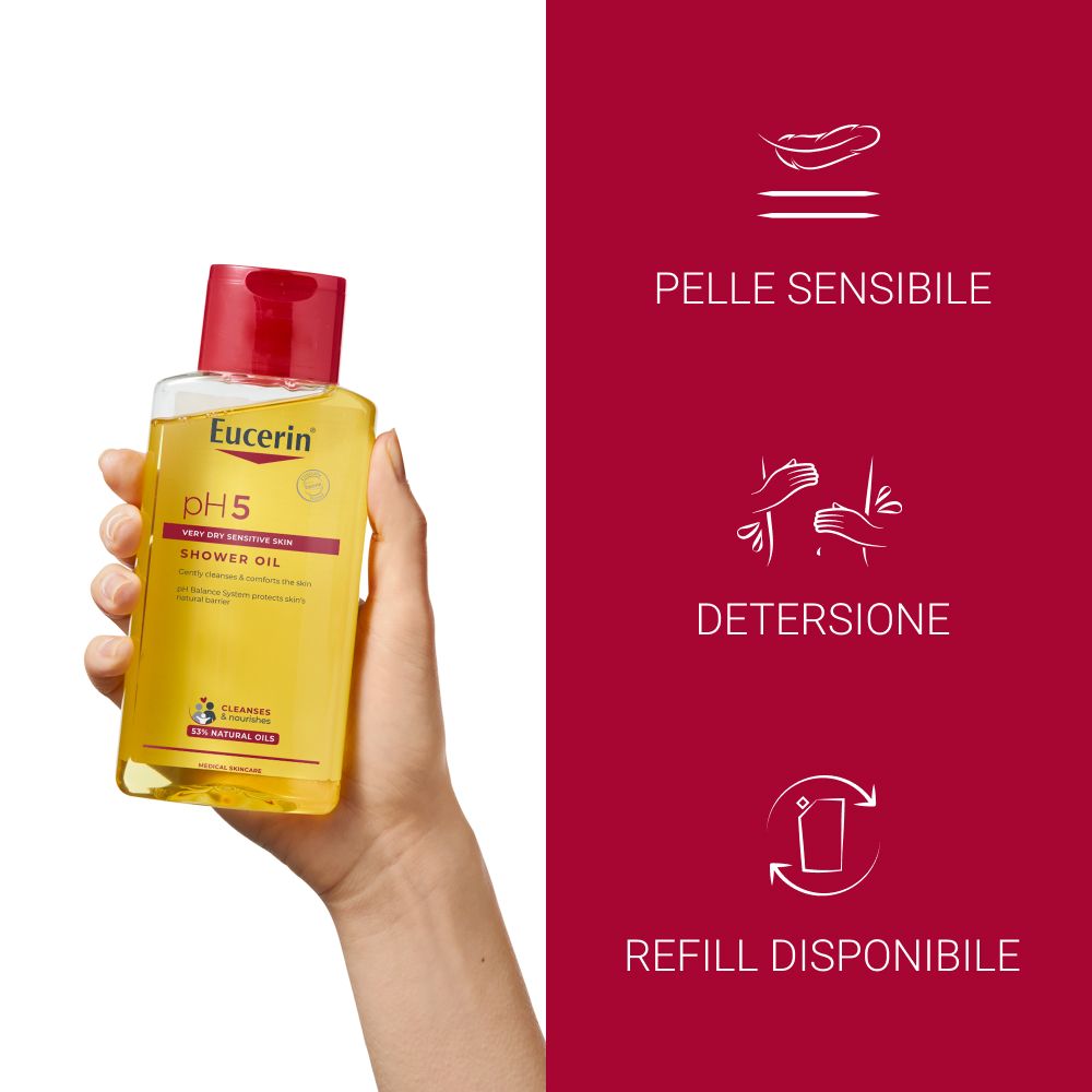 Main tenant un flacon d'huile de douche Eucerin pH5. Texte : Peau sensible, nettoyage, recharge disponible.