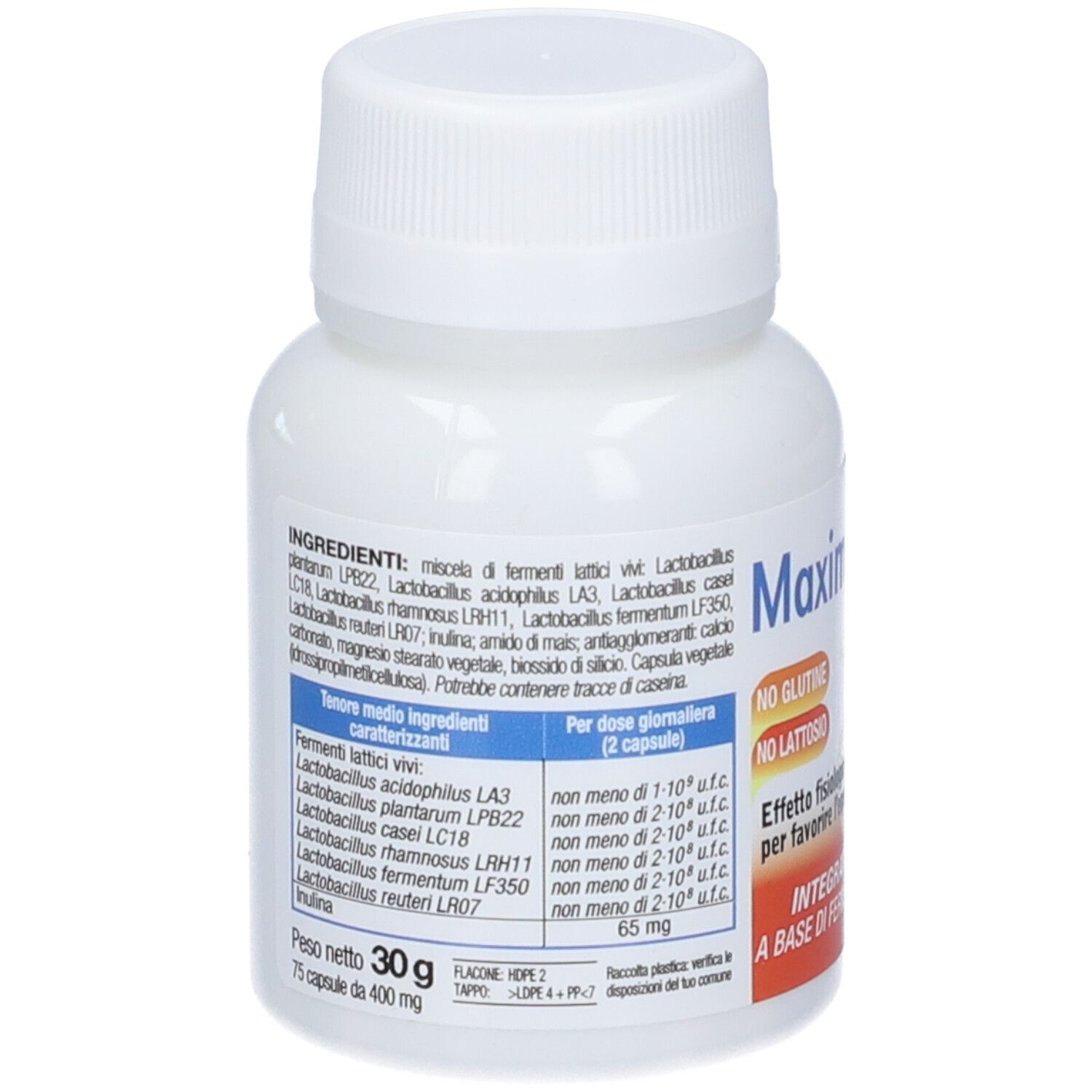 Flacon blanc Maximum-bio flor 20. Liste des ingrédients et informations nutritionnelles au dos.