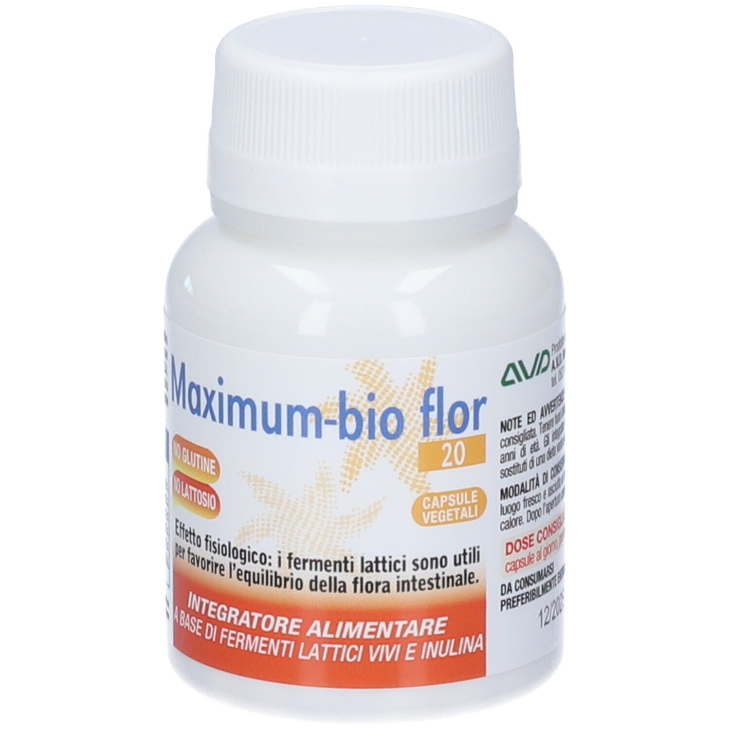 Flacon blanc Maximum-bio flor 20. Inscription : Sans gluten, sans lactose. Complément alimentaire.