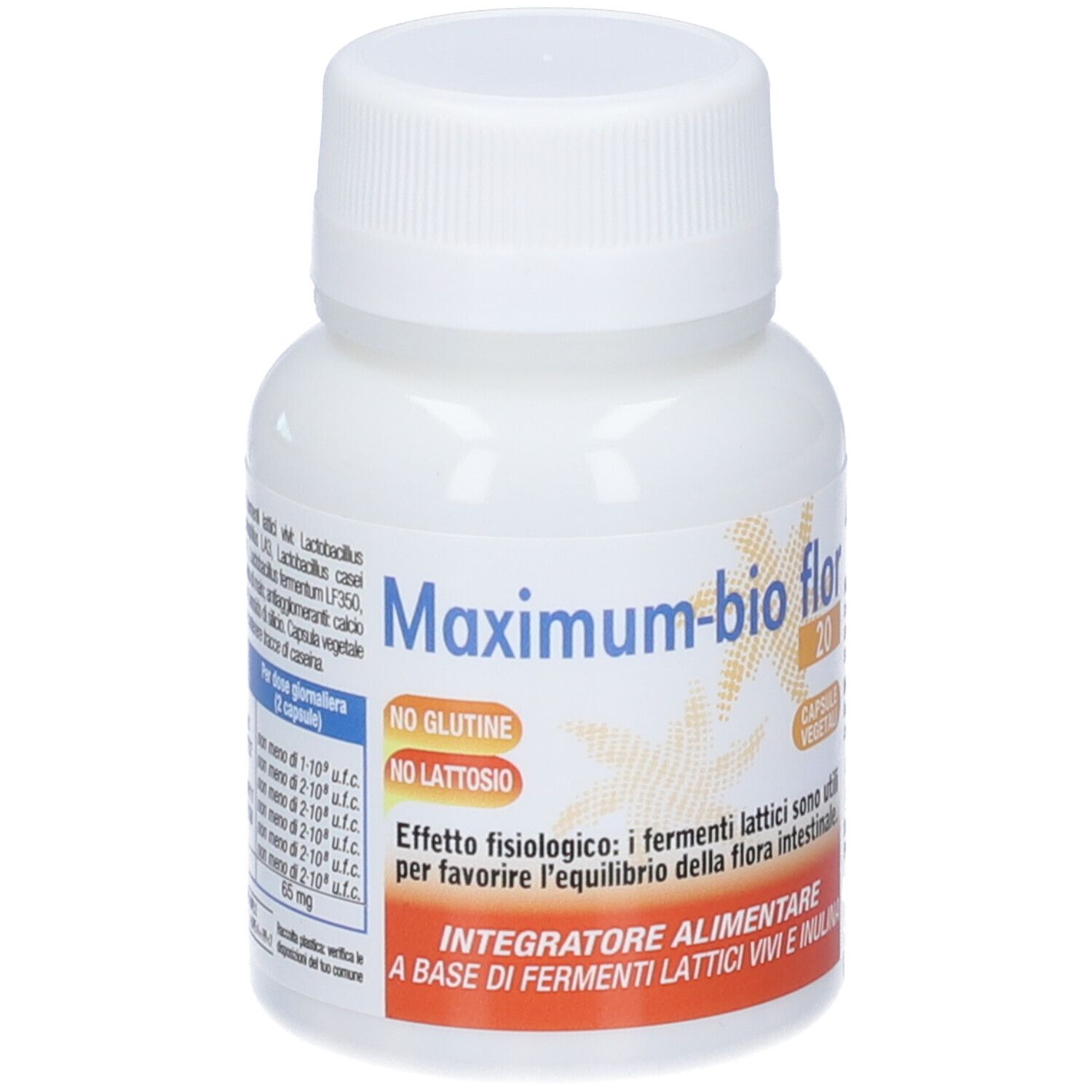 Flacon blanc Maximum-bio flor 20. Inscription : Sans gluten, sans lactose. Complément alimentaire.