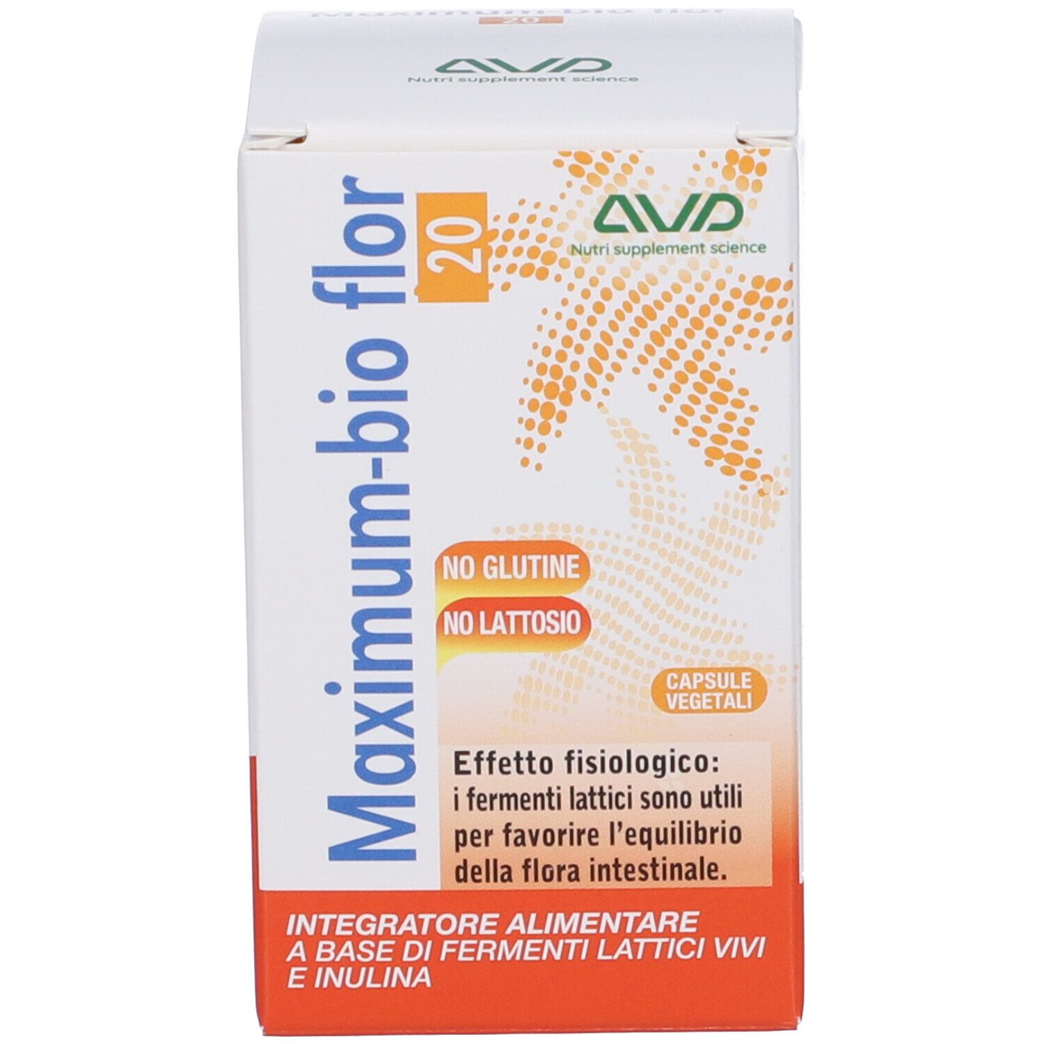 Emballage du produit. Inscription : Maximum-bio flor 20, sans gluten, sans lactose. Complément alimentaire.
