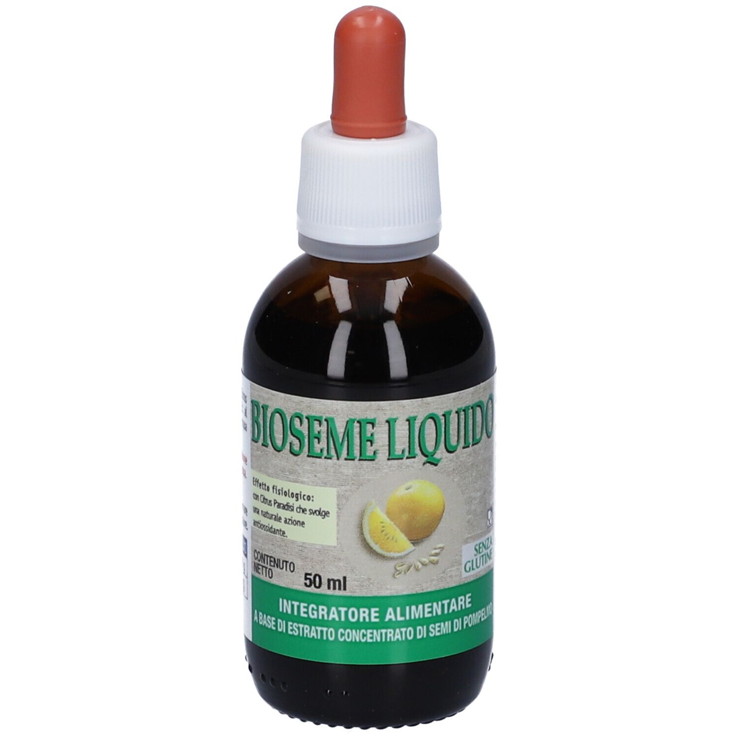 Flacon en verre brun avec compte-gouttes. Inscription: BIOSEME LIQUIDO. Contient 50 ml. Avec illustration de pamplemousse.