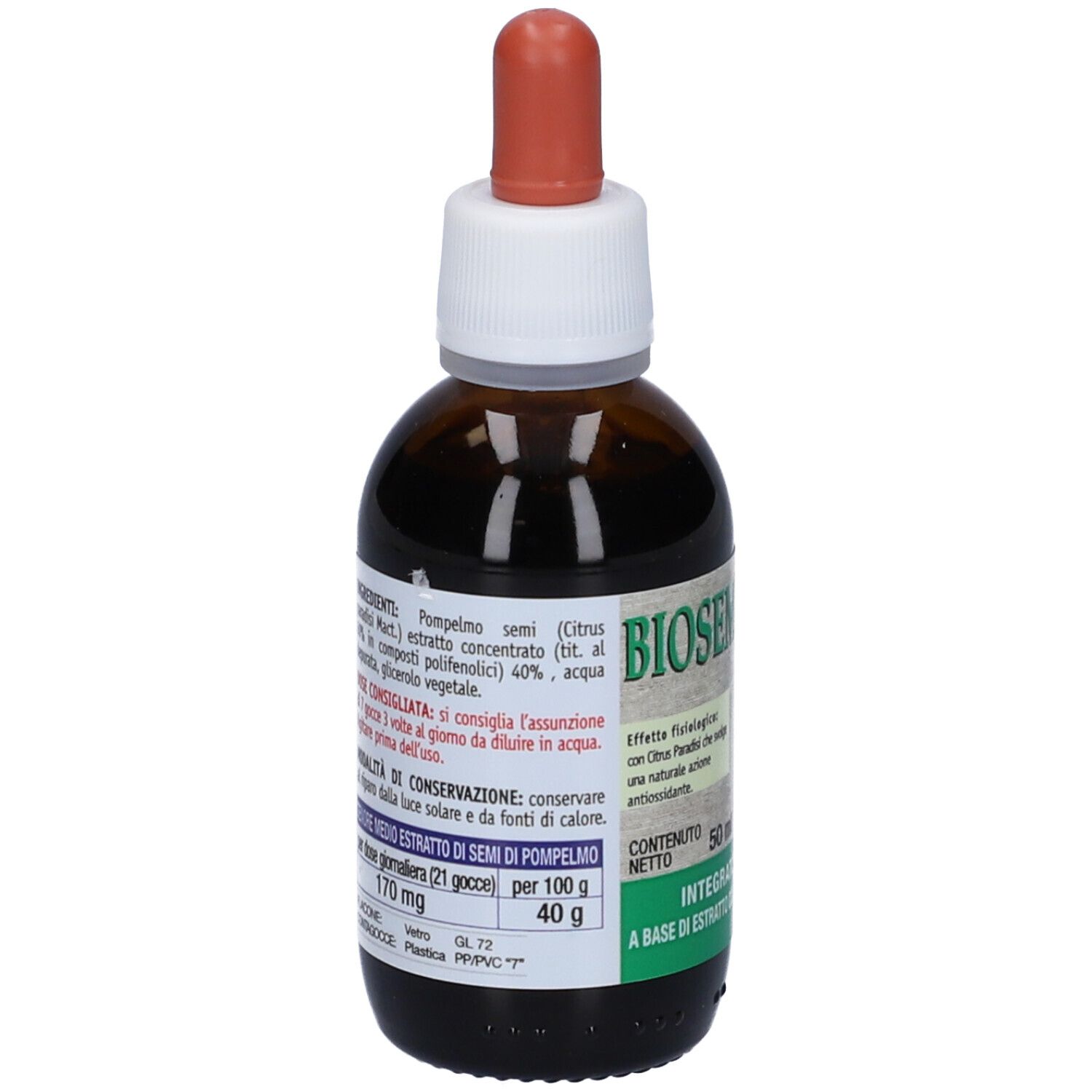 Flacon en verre brun avec compte-gouttes. Inscription: BIOSEME LIQUIDO. Contient 50 ml. Avec liste d'ingrédients et image de pamplemousse.