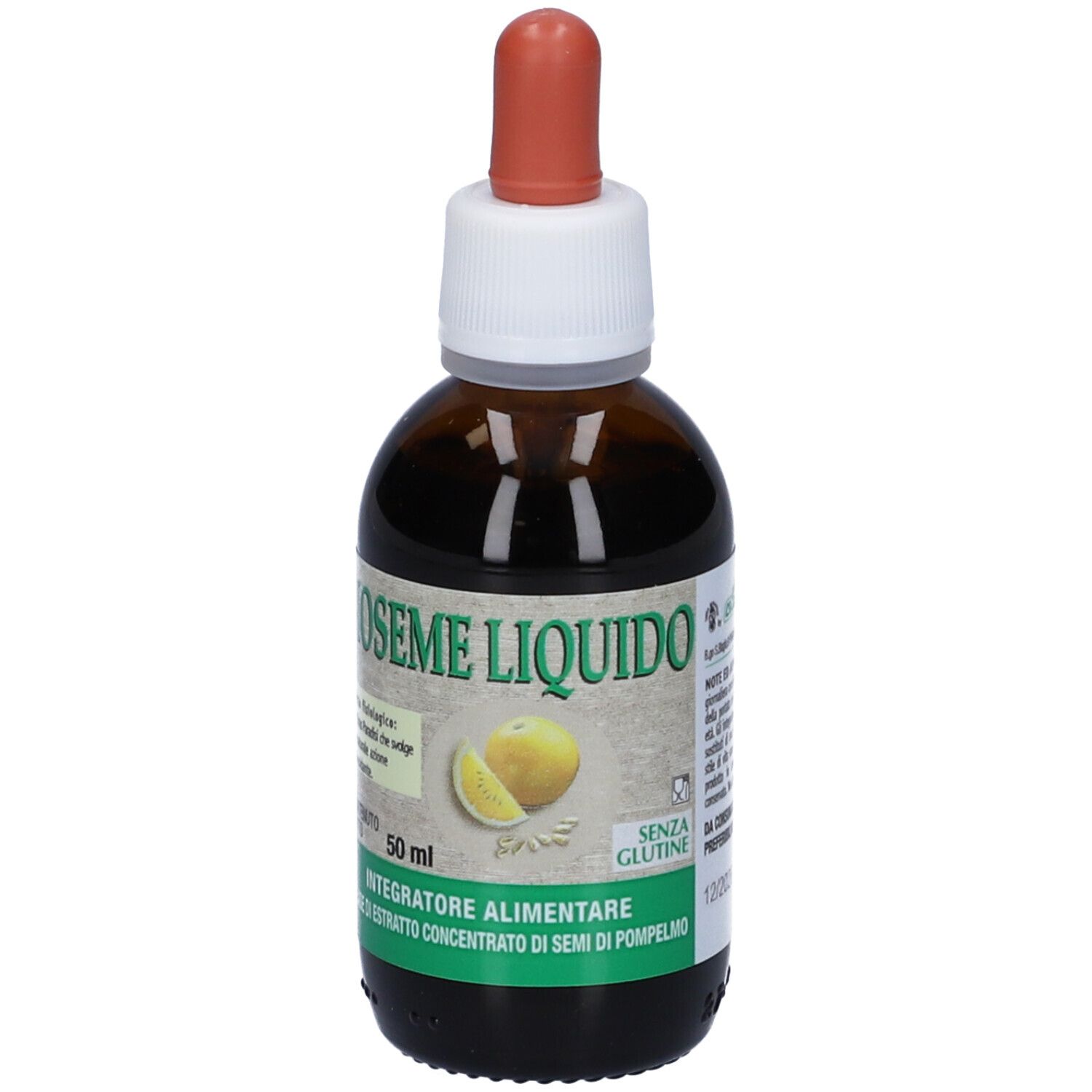 Flacon en verre brun avec compte-gouttes. Inscription: BIOSEME LIQUIDO. Contient 50 ml. Avec image de pamplemousse et symbole sans gluten.