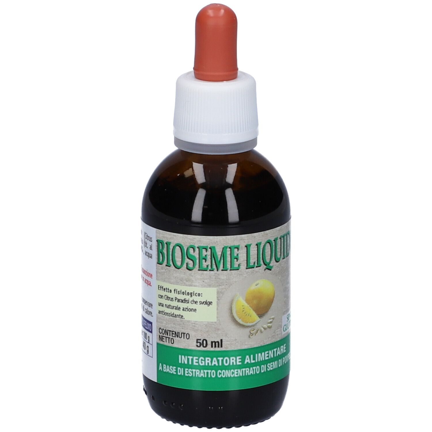 Flacon en verre brun avec compte-gouttes. Inscription: BIOSEME LIQUIDO. Contient 50 ml. Avec image de pamplemousse et symbole sans gluten.