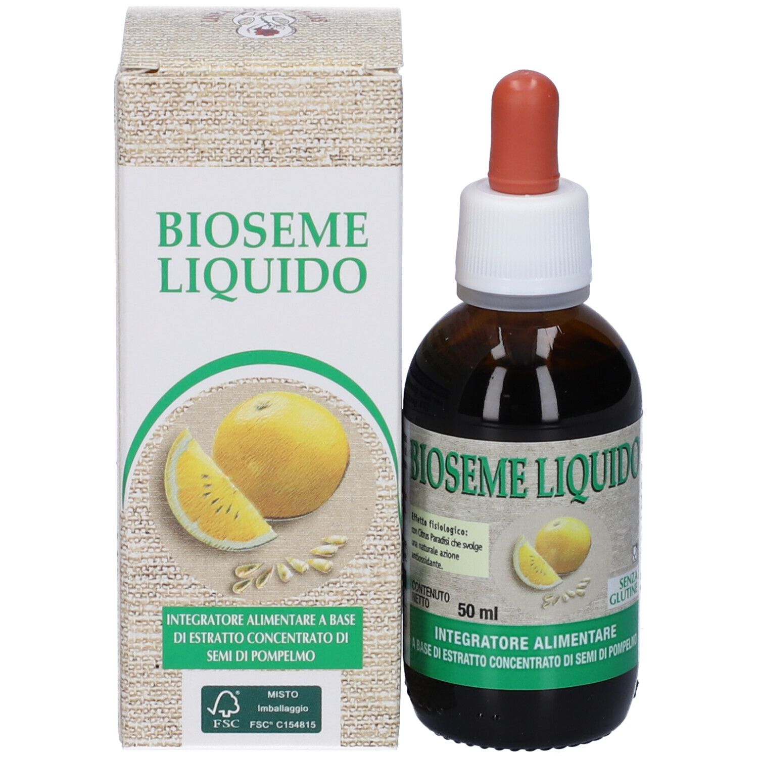 Emballage du produit avec flacon et compte-gouttes. Inscription: BIOSEME LIQUIDO. Avec image de pamplemousse. Certification FSC.