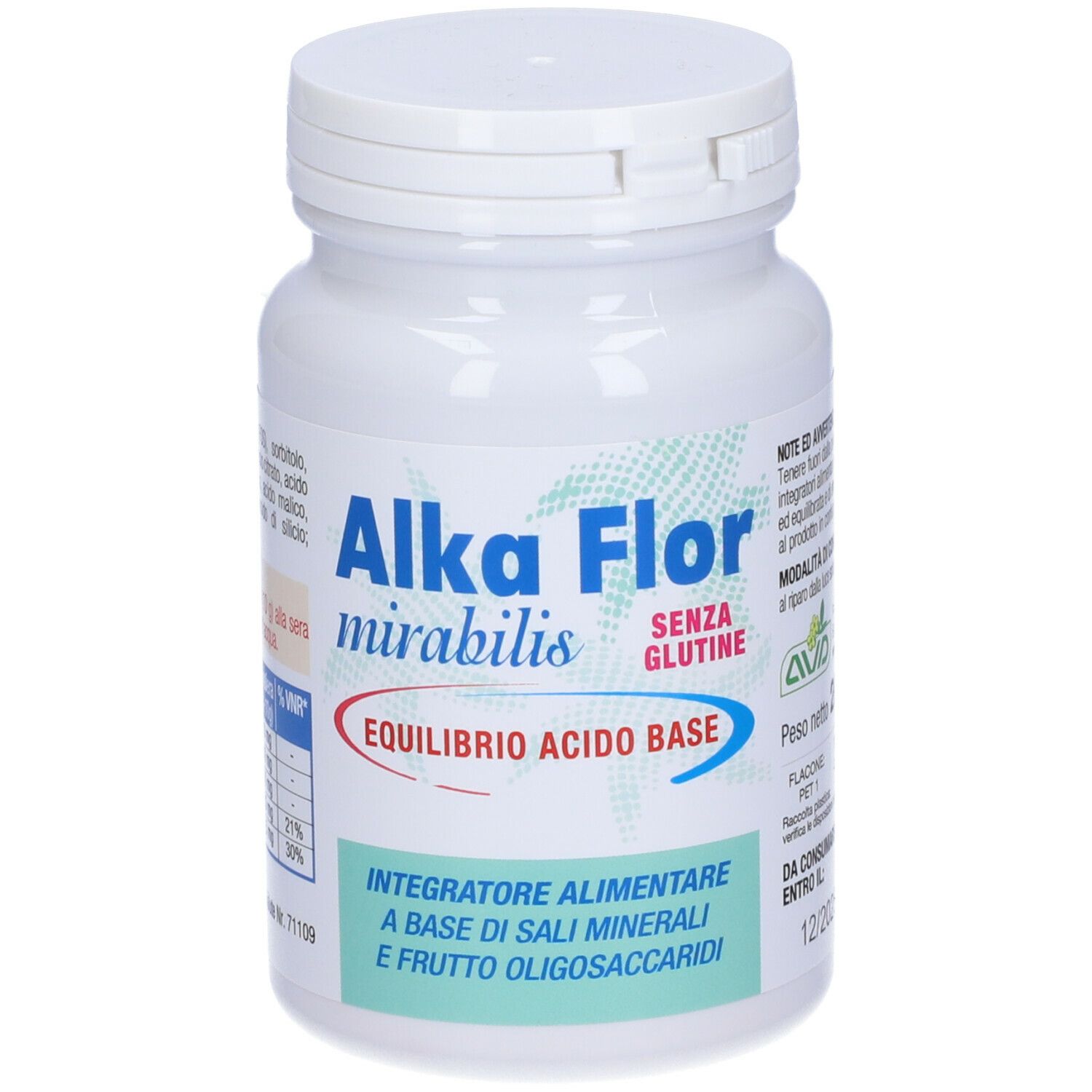 Weiße Flasche mit Alka Flor mirabilis. Aufschrift: SENZA GLUTINE, EQUILIBRIO ACIDO BASE, Integratore alimentare.