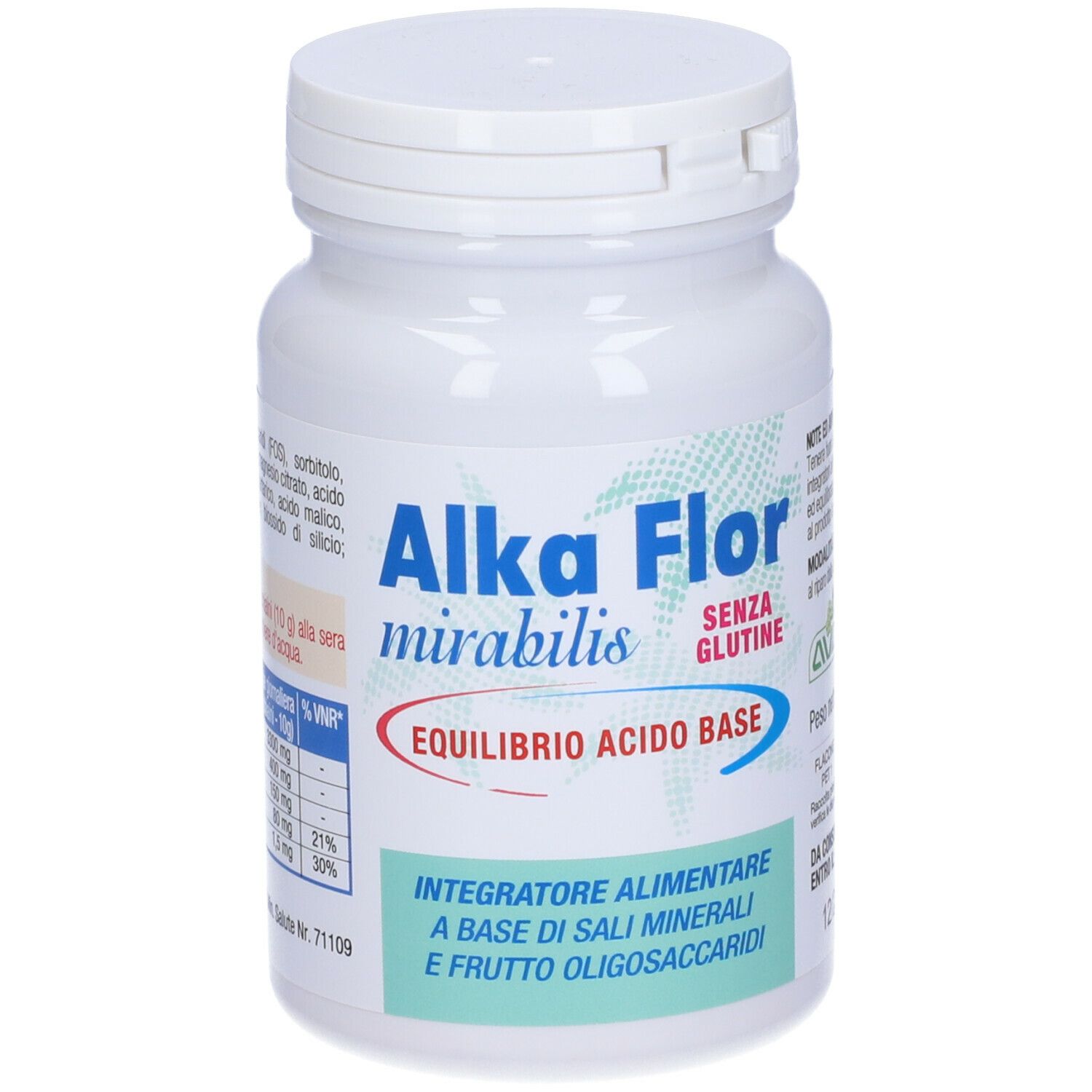 Weiße Flasche Alka Flor mirabilis. Aufschrift: SENZA GLUTINE, EQUILIBRIO ACIDO BASE, Integratore alimentare.