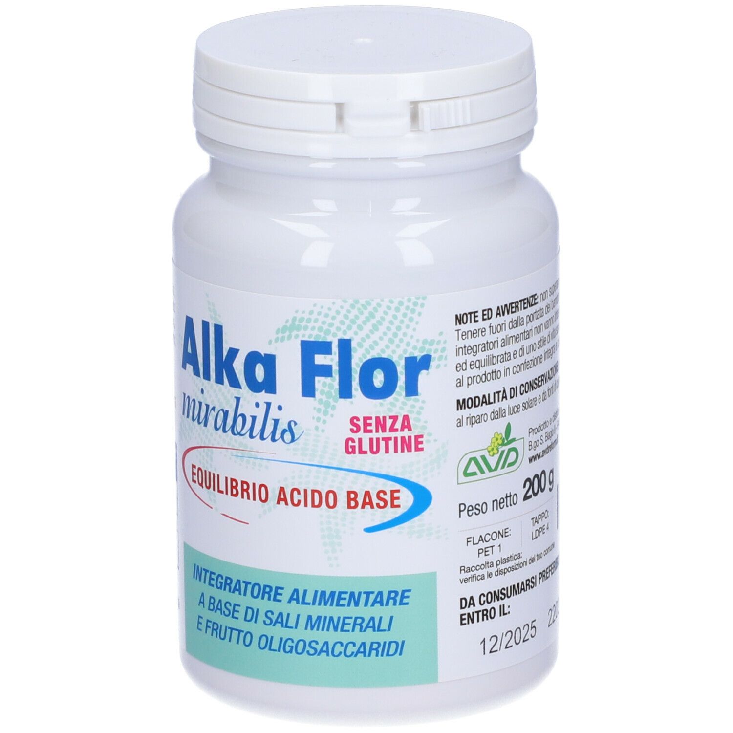 Weiße Flasche Alka Flor mirabilis. Aufschrift: SENZA GLUTINE, EQUILIBRIO ACIDO BASE, Integratore alimentare. Gewicht: 200g.