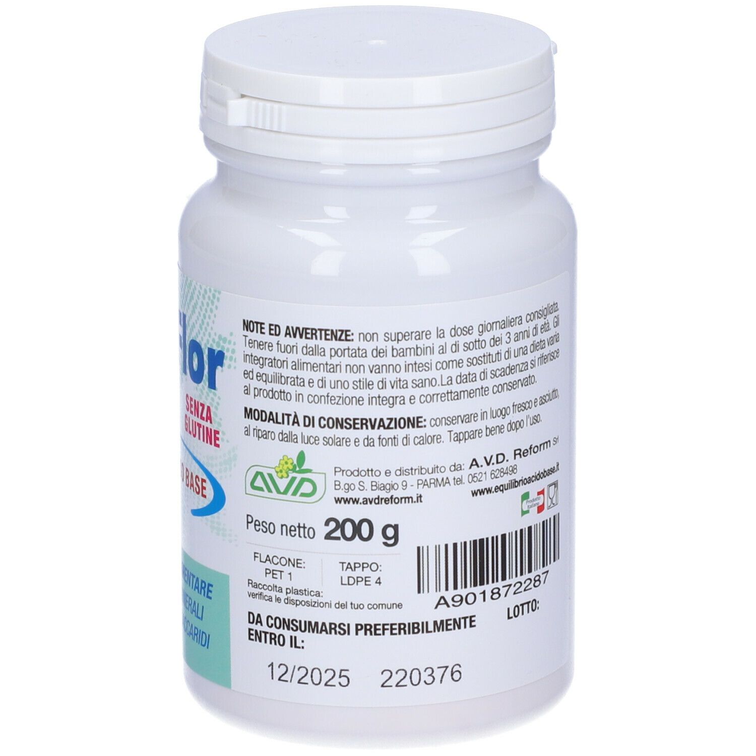 Weiße Flasche Alka Flor mirabilis. Aufschrift: SENZA GLUTINE, EQUILIBRIO ACIDO BASE, Integratore alimentare. Mindesthaltbarkeit 12/2025.