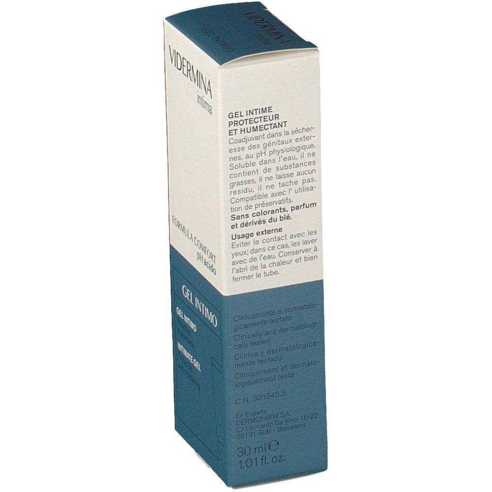 Boîte de Vidermina Intima Intimgel. Côté avec texte. GEL INTIME PROTECTEUR ET HUMECTANT. Testé dermatologiquement.