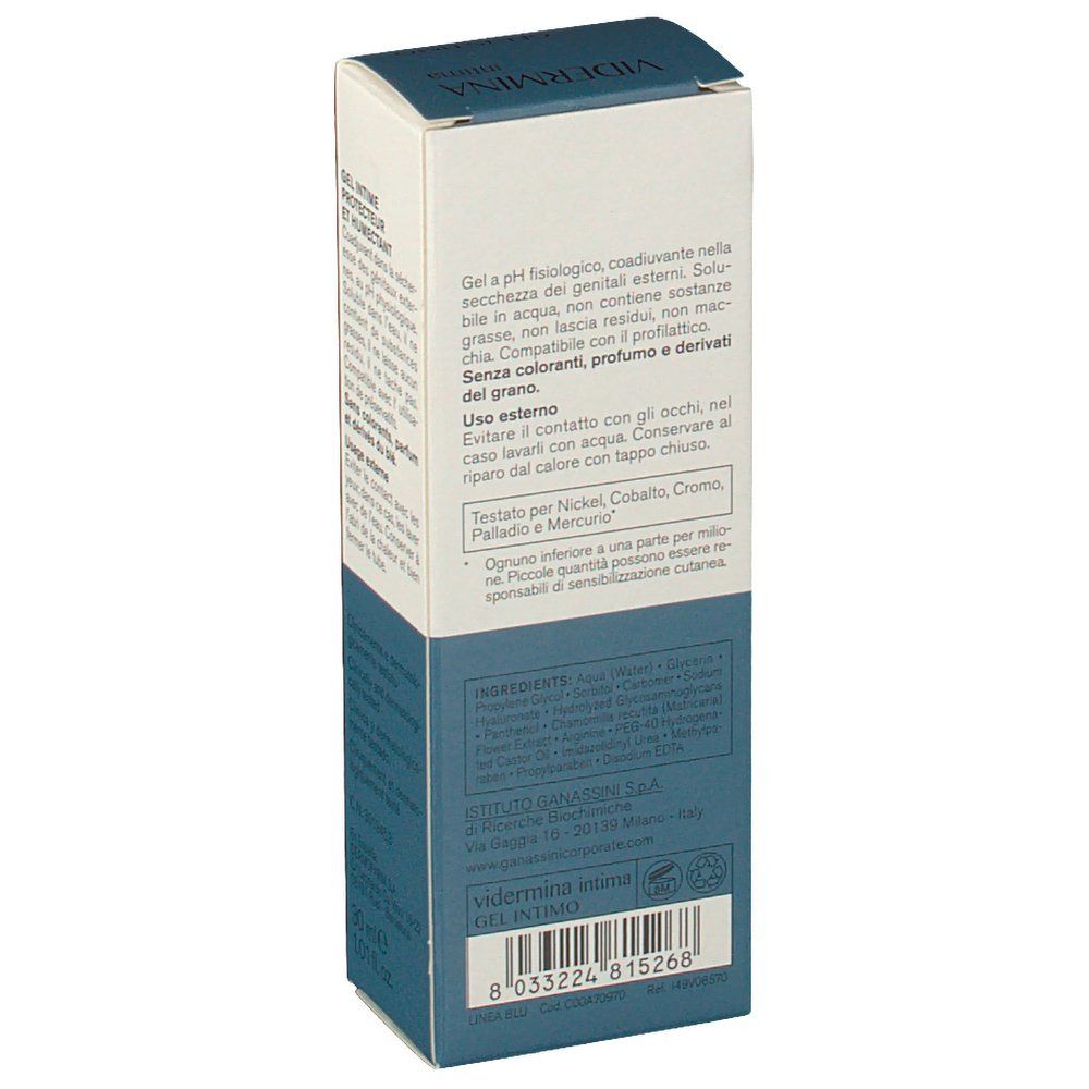 Boîte de Vidermina Intima Intimgel. Dos avec texte. GEL INTIME. Testé pour le nickel, le cobalt, le chrome, le palladium et le mercure.